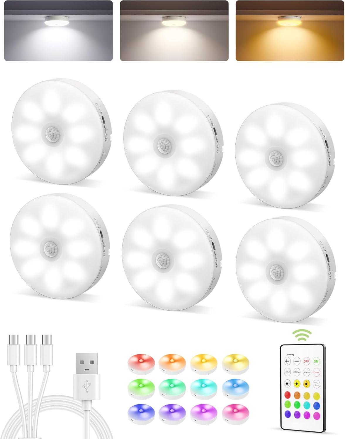imageEZVALO 6Pack Under Cabinet Lighting Rechargeable Motion Sensor Puck Lights with Remote 3 Color Temps ampamp12 RGB Colors Magnetic Stick on Light Dimmable Under Counter Lights for Kitchen Shelf StairWhite