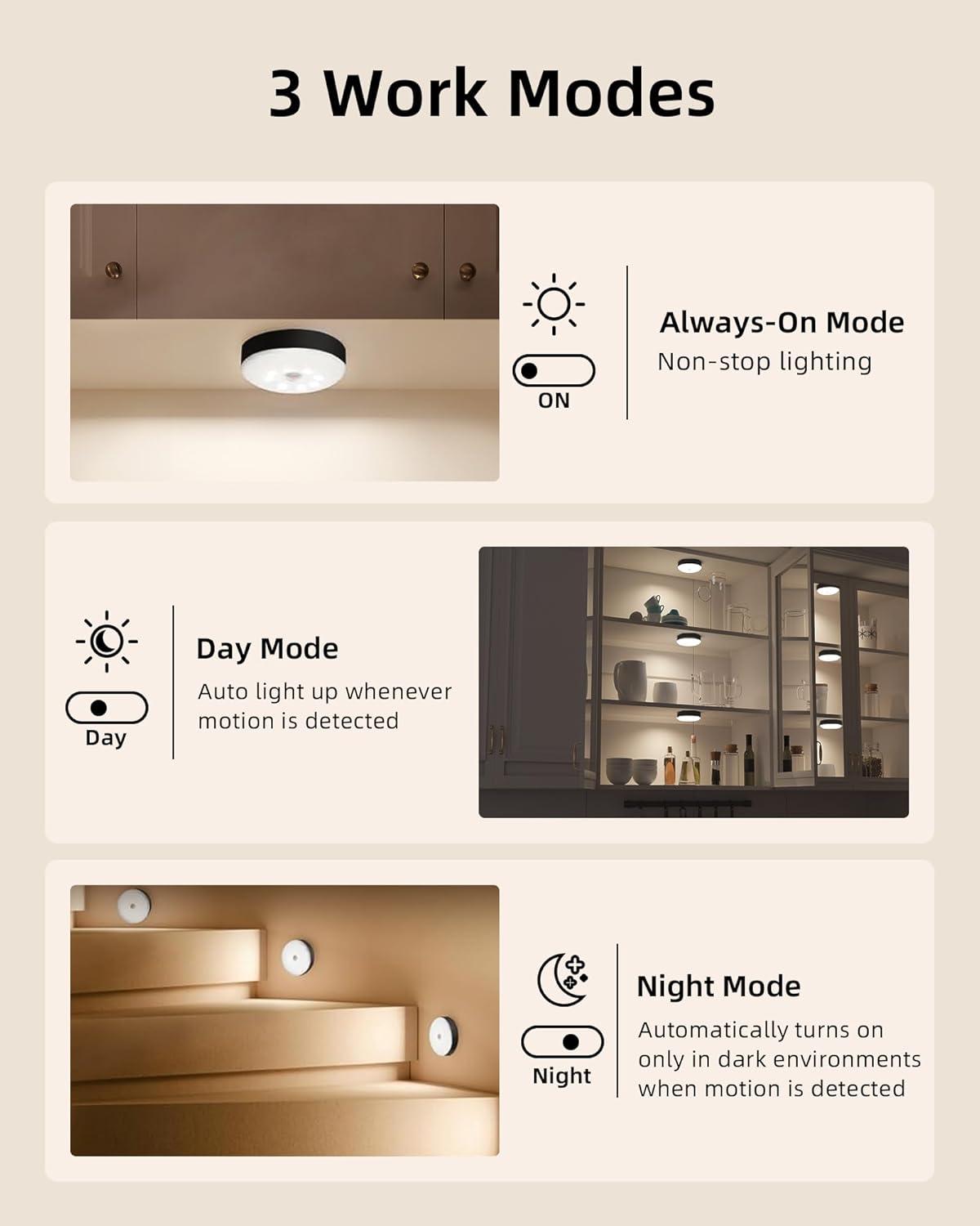 imageEZVALO 6Pack Under Cabinet Lighting Rechargeable Motion Sensor Puck Lights with Remote 3 Color Temps ampamp12 RGB Colors Magnetic Stick on Light Dimmable Under Counter Lights for Kitchen Shelf StairBlack