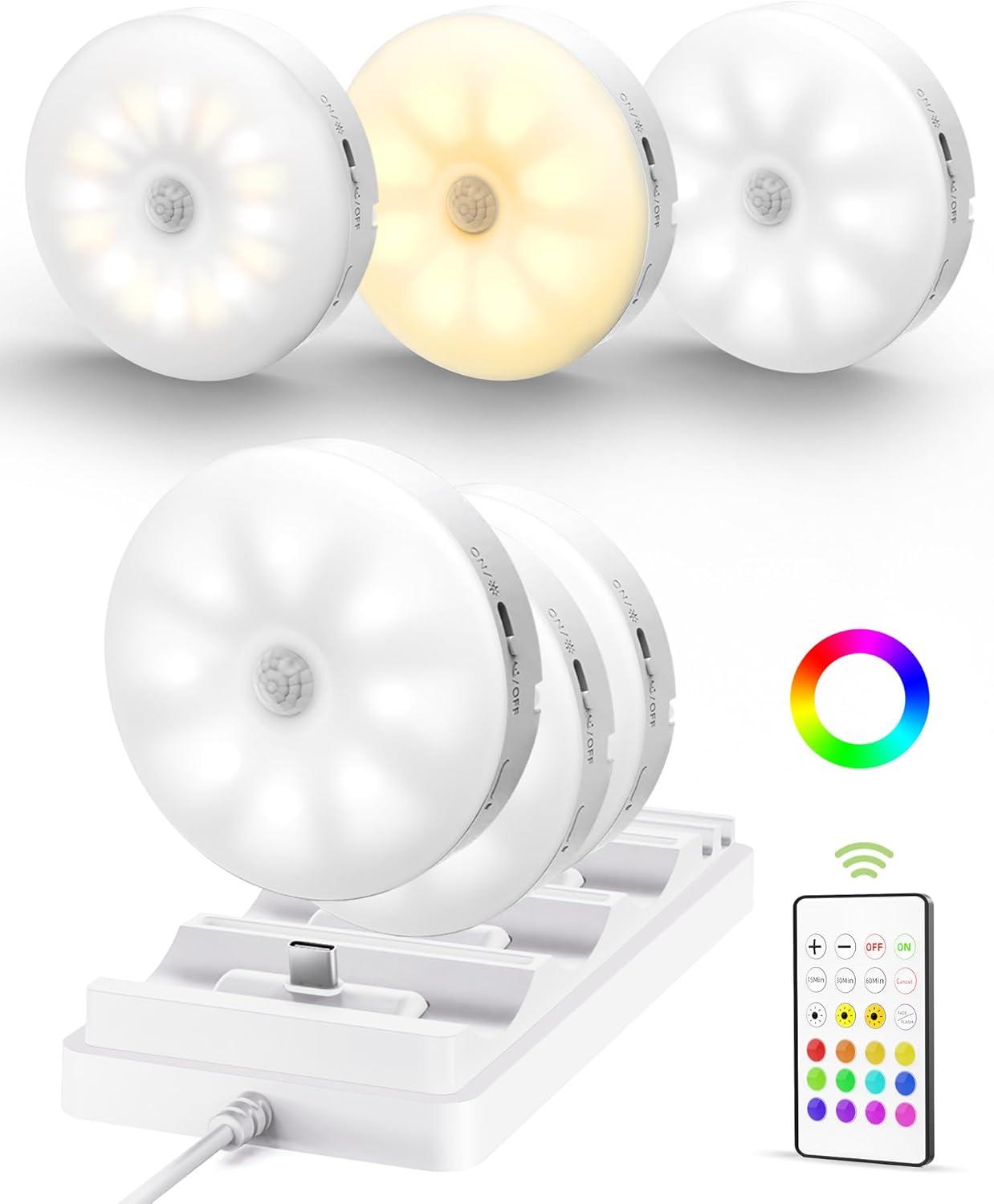 imageEZVALO 6Pack Under Cabinet Lighting Rechargeable Motion Sensor Puck Lights with Remote 3 Color Temps ampamp12 RGB Colors Magnetic Stick on Light Dimmable Under Counter Lights for Kitchen Shelf StairWhite