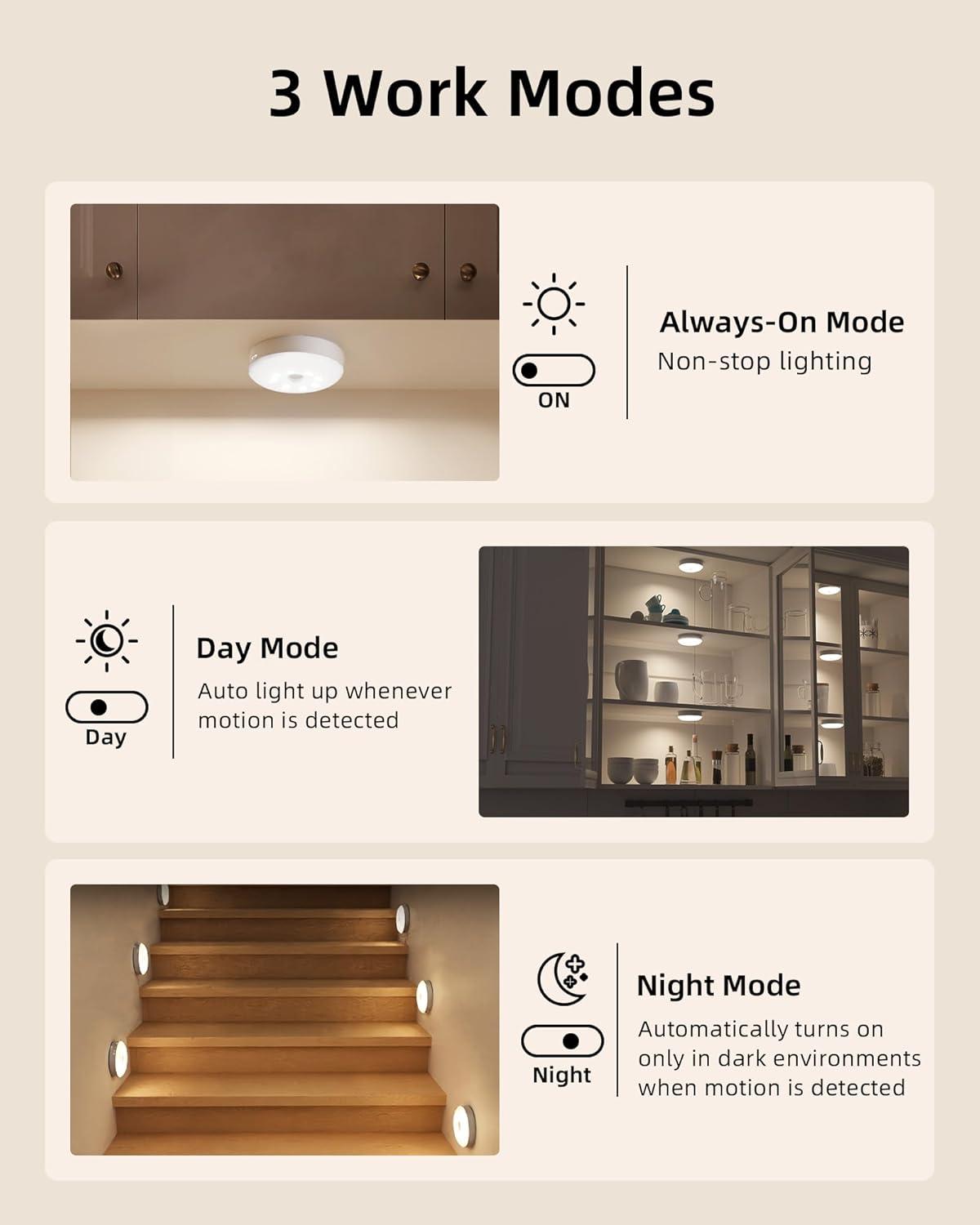 imageEZVALO 6Pack Under Cabinet Lighting Rechargeable Motion Sensor Puck Lights with Remote 3 Color Temps ampamp12 RGB Colors Magnetic Stick on Light Dimmable Under Counter Lights for Kitchen Shelf StairWhite