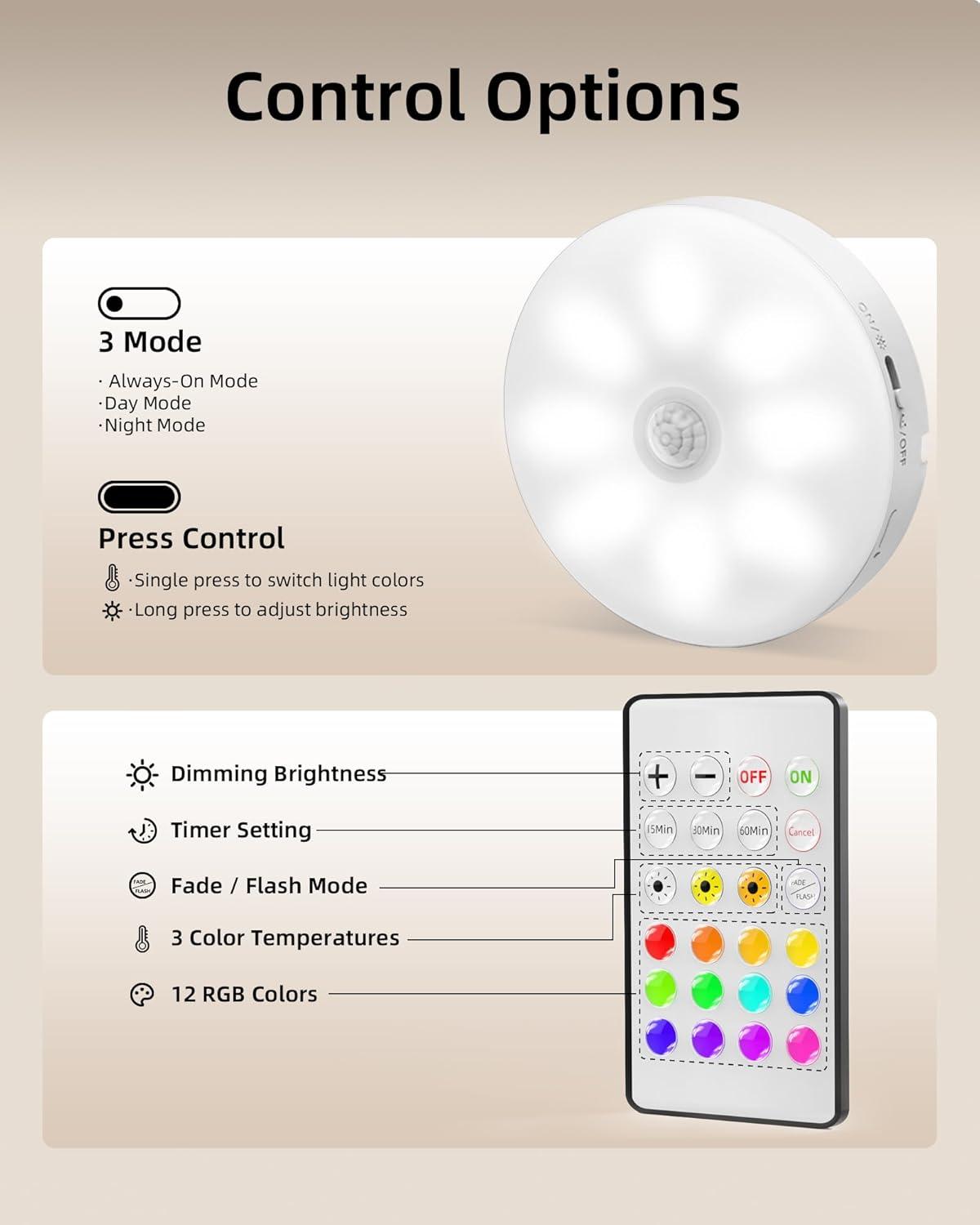 imageEZVALO 6Pack Under Cabinet Lighting Rechargeable Motion Sensor Puck Lights with Remote 3 Color Temps ampamp12 RGB Colors Magnetic Stick on Light Dimmable Under Counter Lights for Kitchen Shelf StairWhite