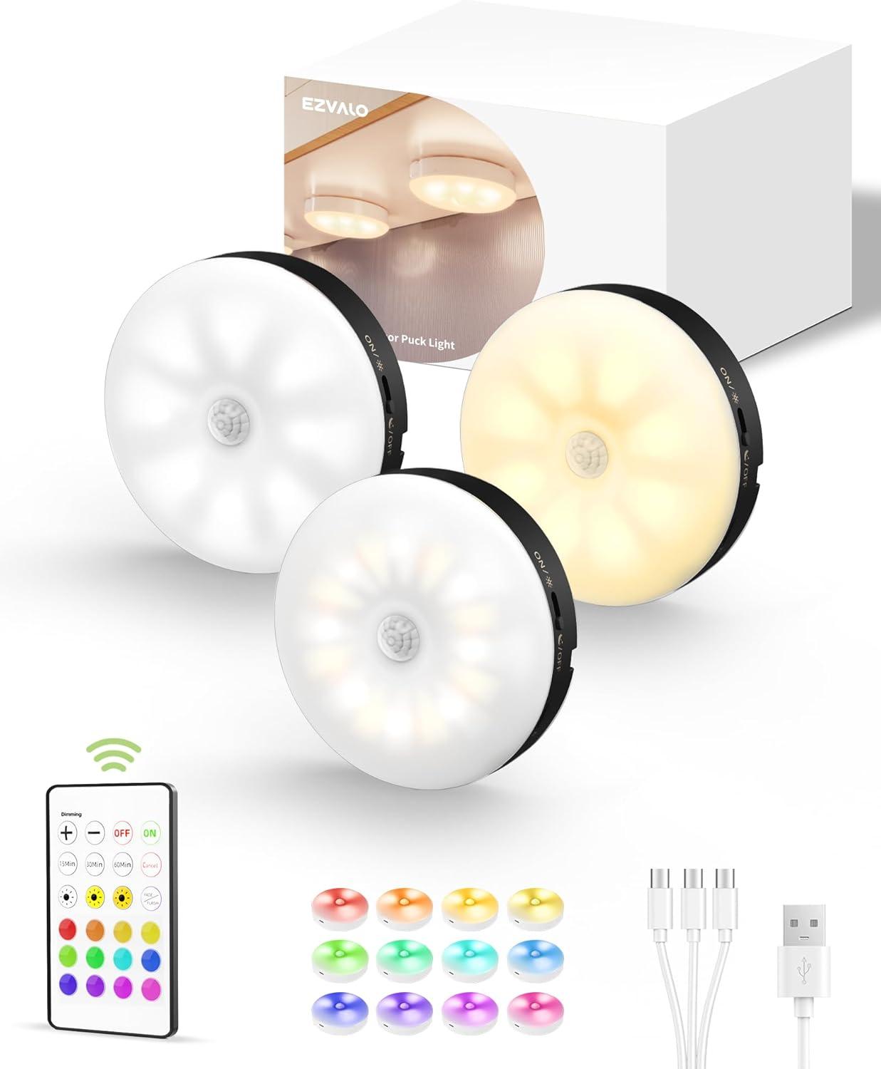 imageEZVALO 6Pack Under Cabinet Lighting Rechargeable Motion Sensor Puck Lights with Remote 3 Color Temps ampamp12 RGB Colors Magnetic Stick on Light Dimmable Under Counter Lights for Kitchen Shelf StairBlack