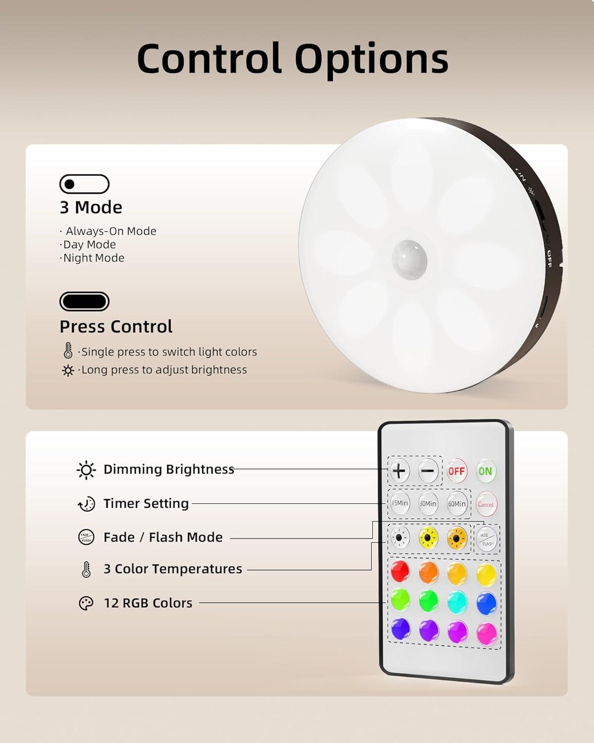 imageEZVALO 6Pack Under Cabinet Lighting Rechargeable Motion Sensor Puck Lights with Remote 3 Color Temps ampamp12 RGB Colors Magnetic Stick on Light Dimmable Under Counter Lights for Kitchen Shelf StairBlack