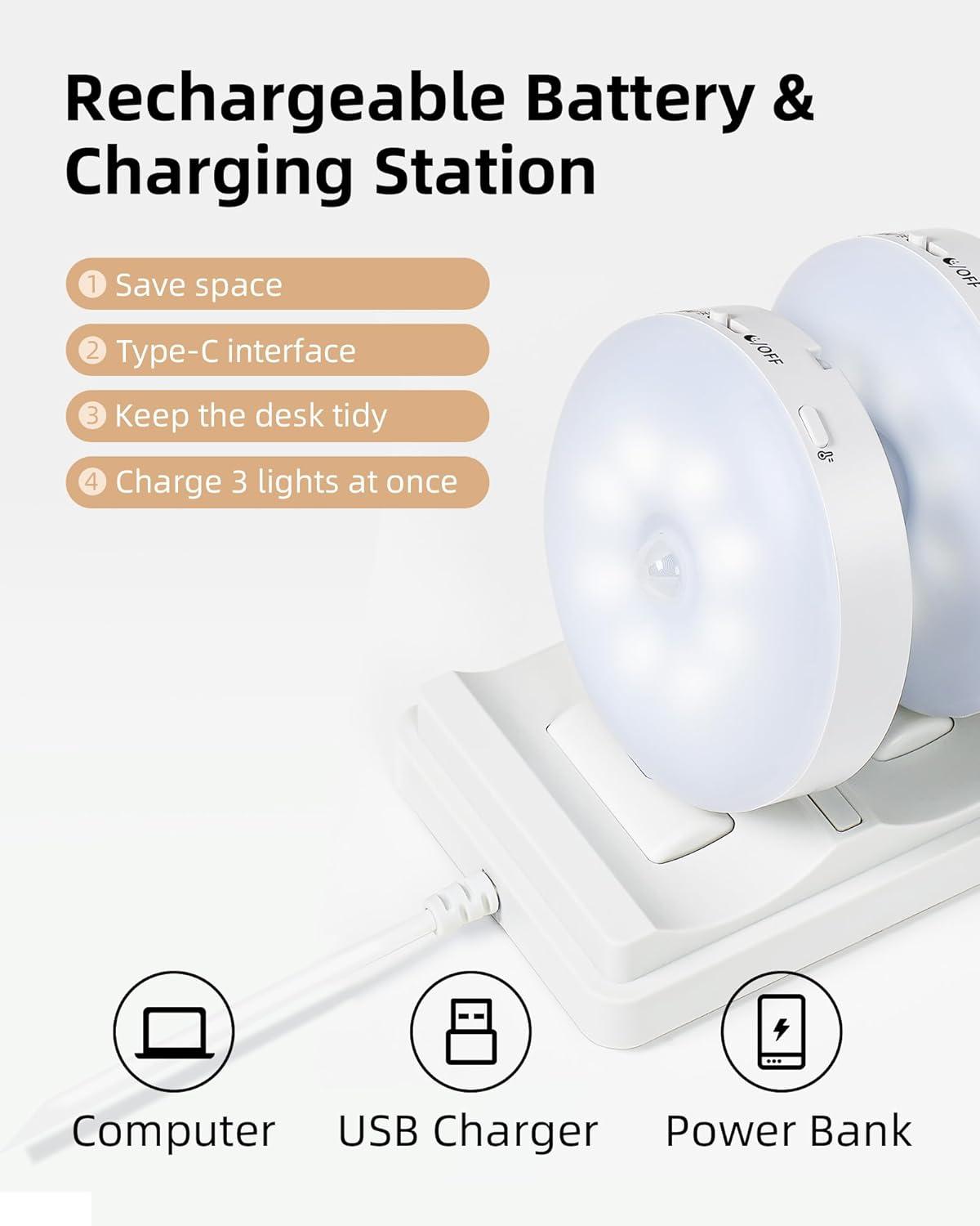 imageEZVALO 6Pack Under Cabinet Lighting Rechargeable Motion Sensor Puck Lights with Remote 3 Color Temps ampamp12 RGB Colors Magnetic Stick on Light Dimmable Under Counter Lights for Kitchen Shelf StairWhite