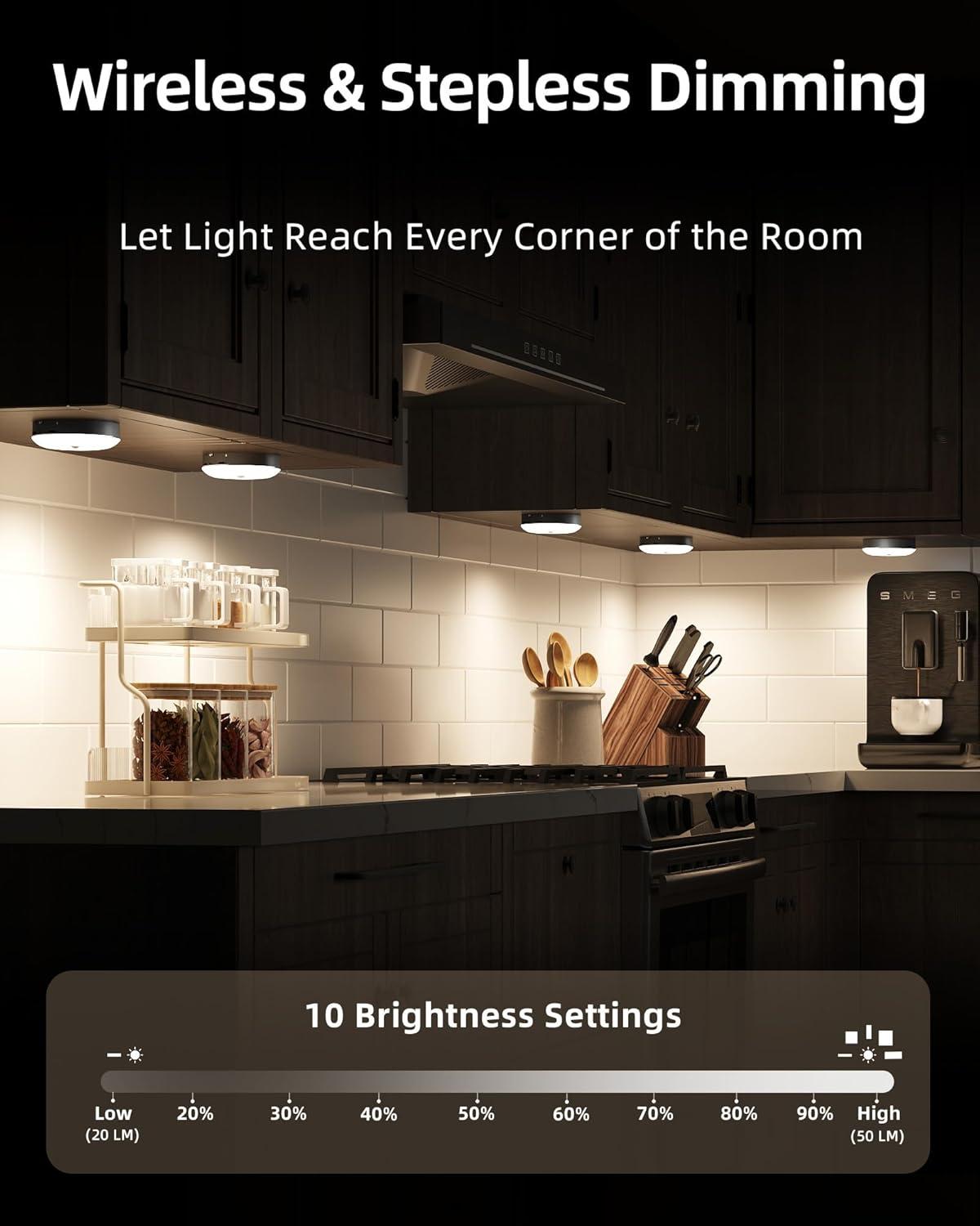 imageEZVALO 6Pack Under Cabinet Lighting Rechargeable Motion Sensor Puck Lights with Remote 3 Color Temps ampamp12 RGB Colors Magnetic Stick on Light Dimmable Under Counter Lights for Kitchen Shelf StairBlack