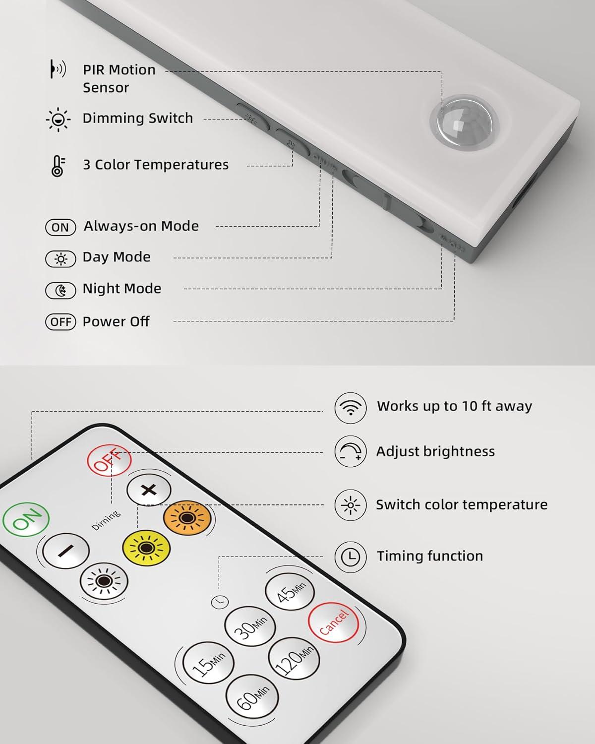 imageEZVALO 6Pack Under Cabinet Lighting with Charging Station 2000mAh Rechargeable Wireless Motion Sensor Lights 3 Color Temps Dimmable Timer Magnetic with Remote Control for Kitchen Closet Stair3 Pack