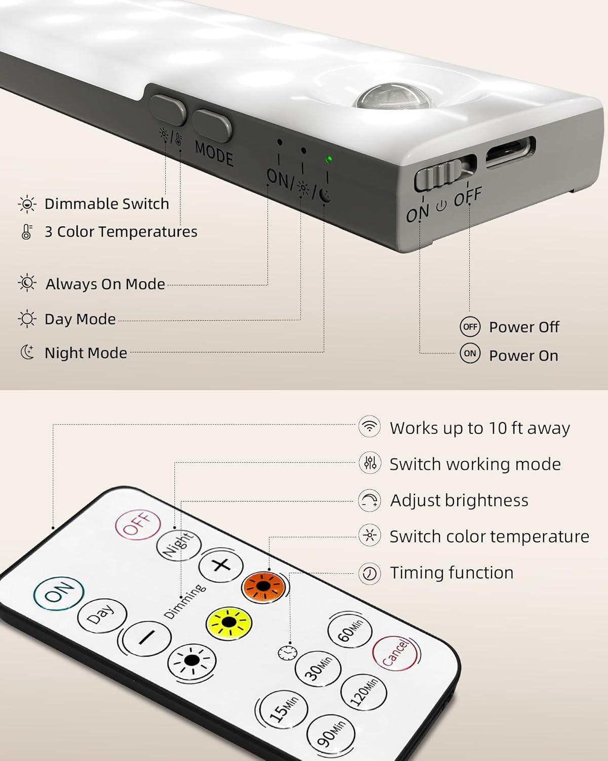 imageEZVALO 6Pack Under Cabinet Lighting with Charging Station 2000mAh Rechargeable Wireless Motion Sensor Lights 3 Color Temps Dimmable Timer Magnetic with Remote Control for Kitchen Closet Stair6Pack with Station