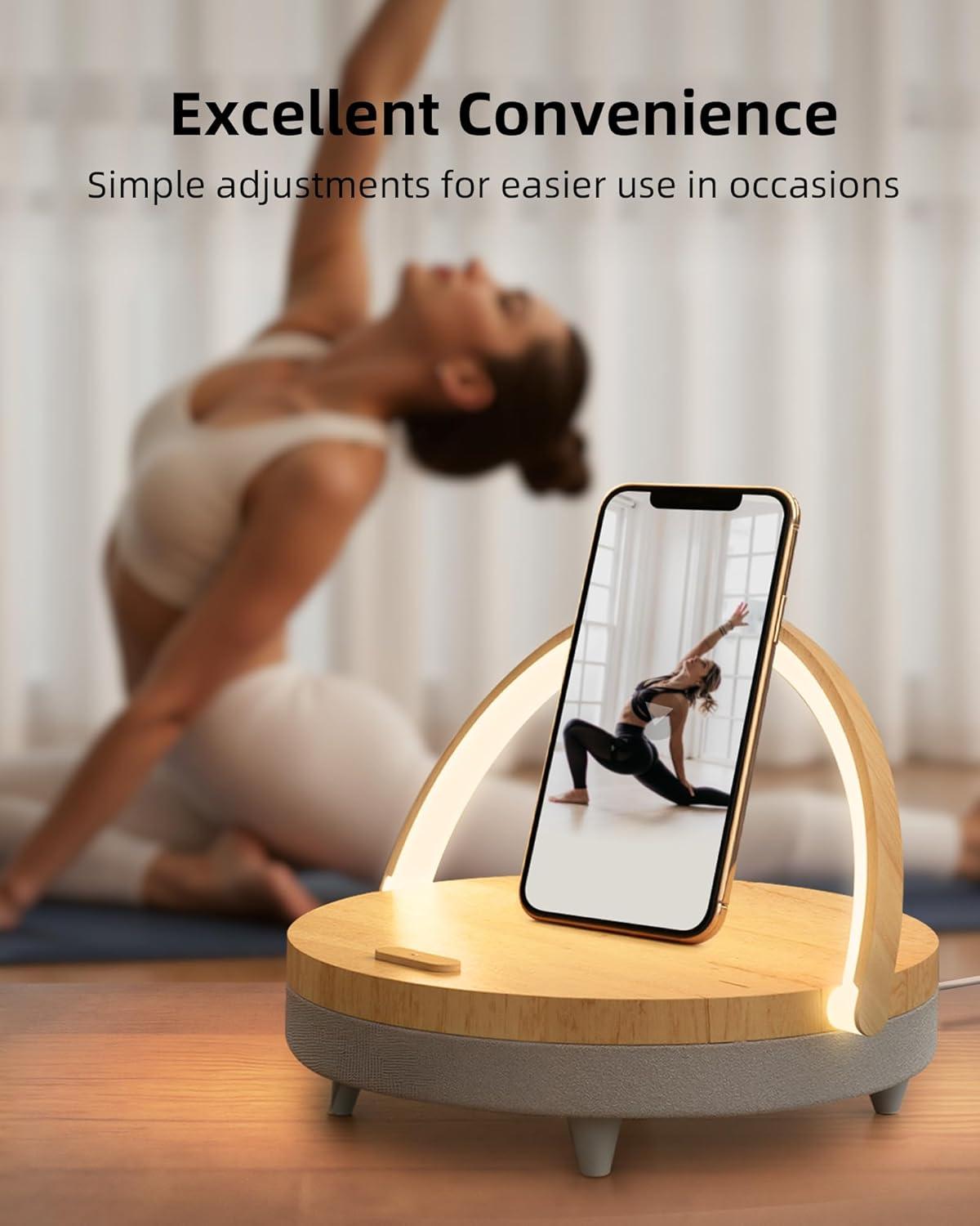 imageEZVALO Gift for Her Music Table Lamp with Wireless Charger 4 in 1 Touch Bedside Lamp Portable Bluetooth Speaker Phone Holder Dimmable LED Night Lights Birthday Gifts for Women Men Dad MomWood Grain