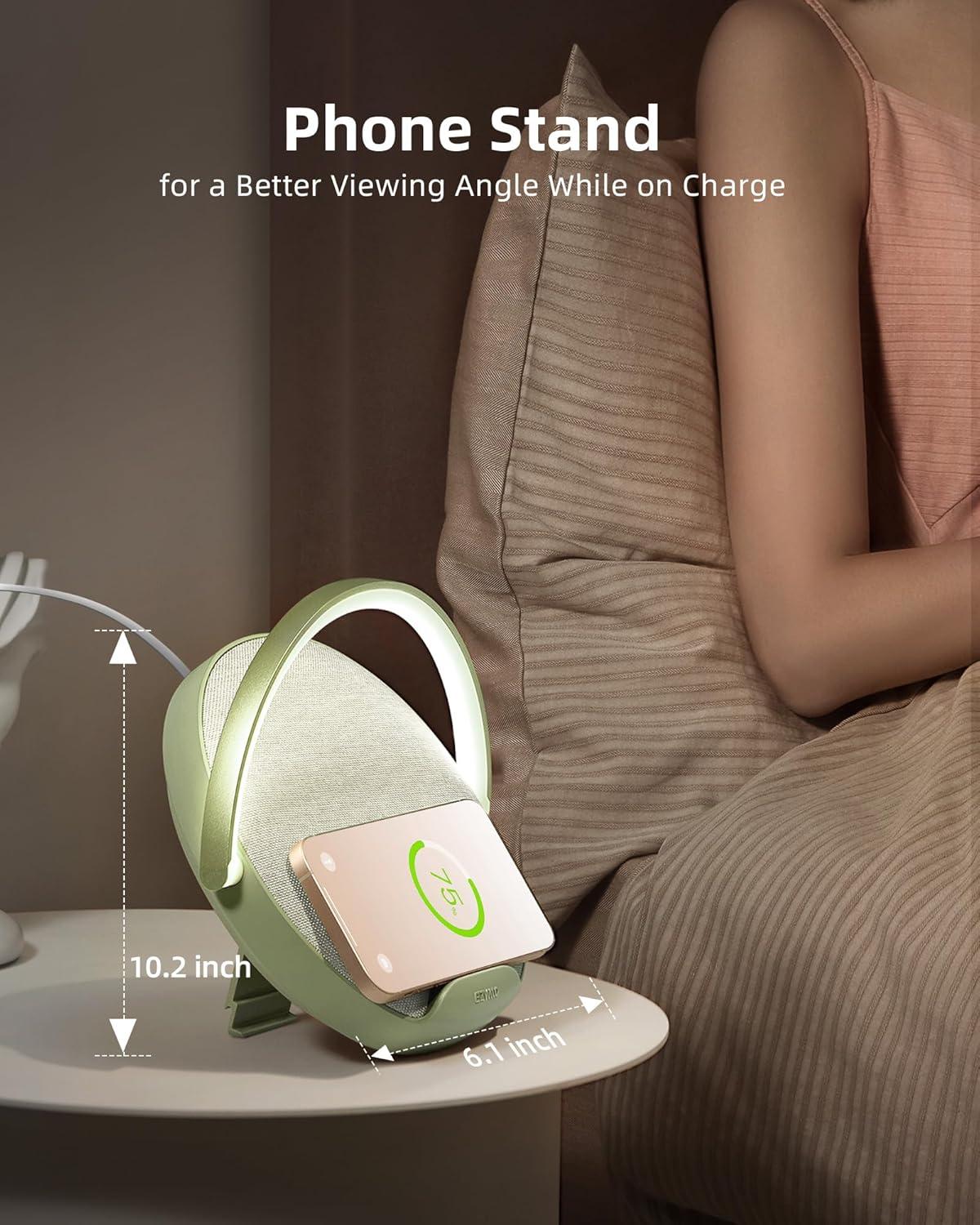 imageEZVALO Gift for Her Music Table Lamp with Wireless Charger 4 in 1 Touch Bedside Lamp Portable Bluetooth Speaker Phone Holder Dimmable LED Night Lights Birthday Gifts for Women Men Dad MomJasmine Green