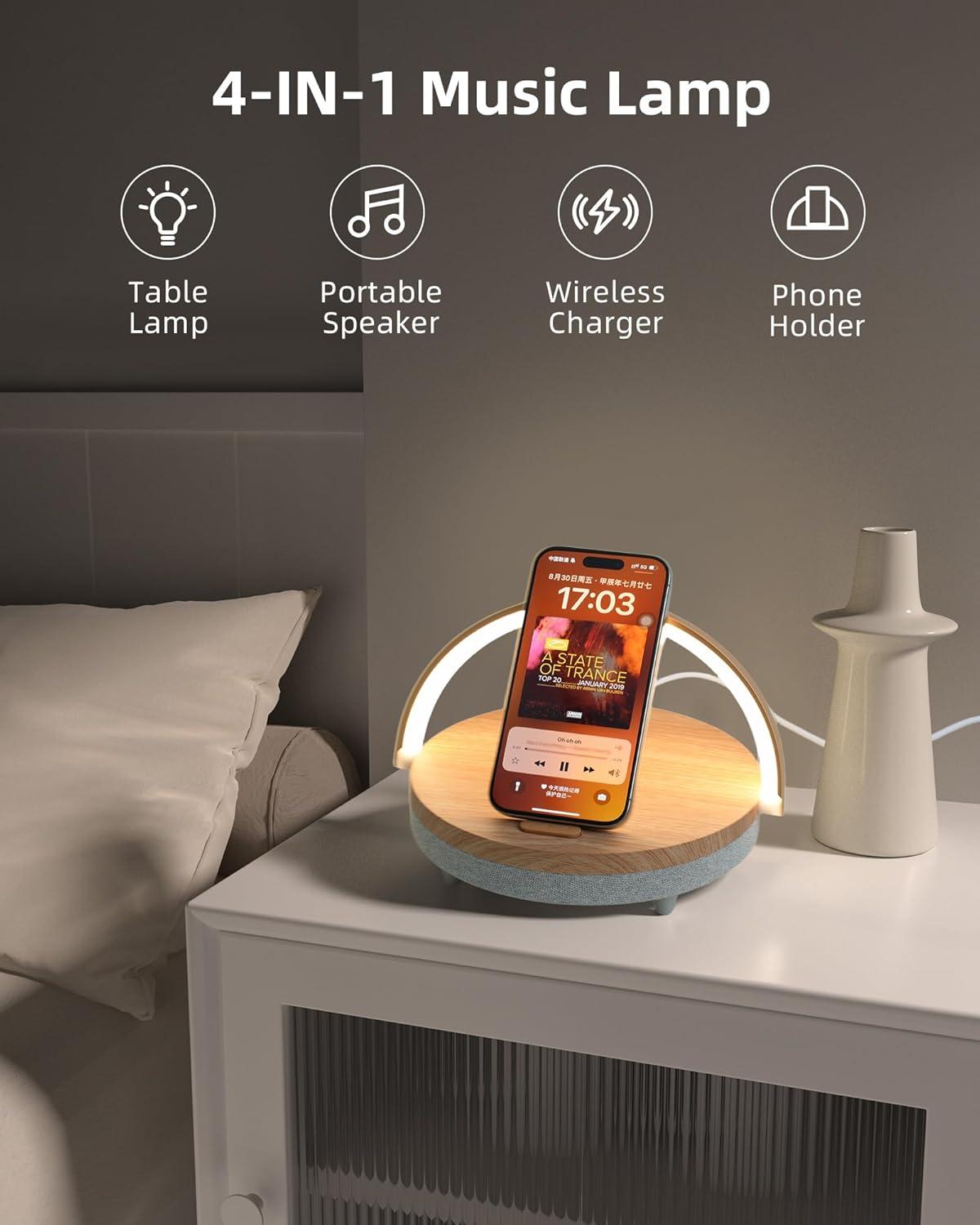 imageEZVALO Gift for Her Music Table Lamp with Wireless Charger 4 in 1 Touch Bedside Lamp Portable Bluetooth Speaker Phone Holder Dimmable LED Night Lights Birthday Gifts for Women Men Dad MomWood Grain