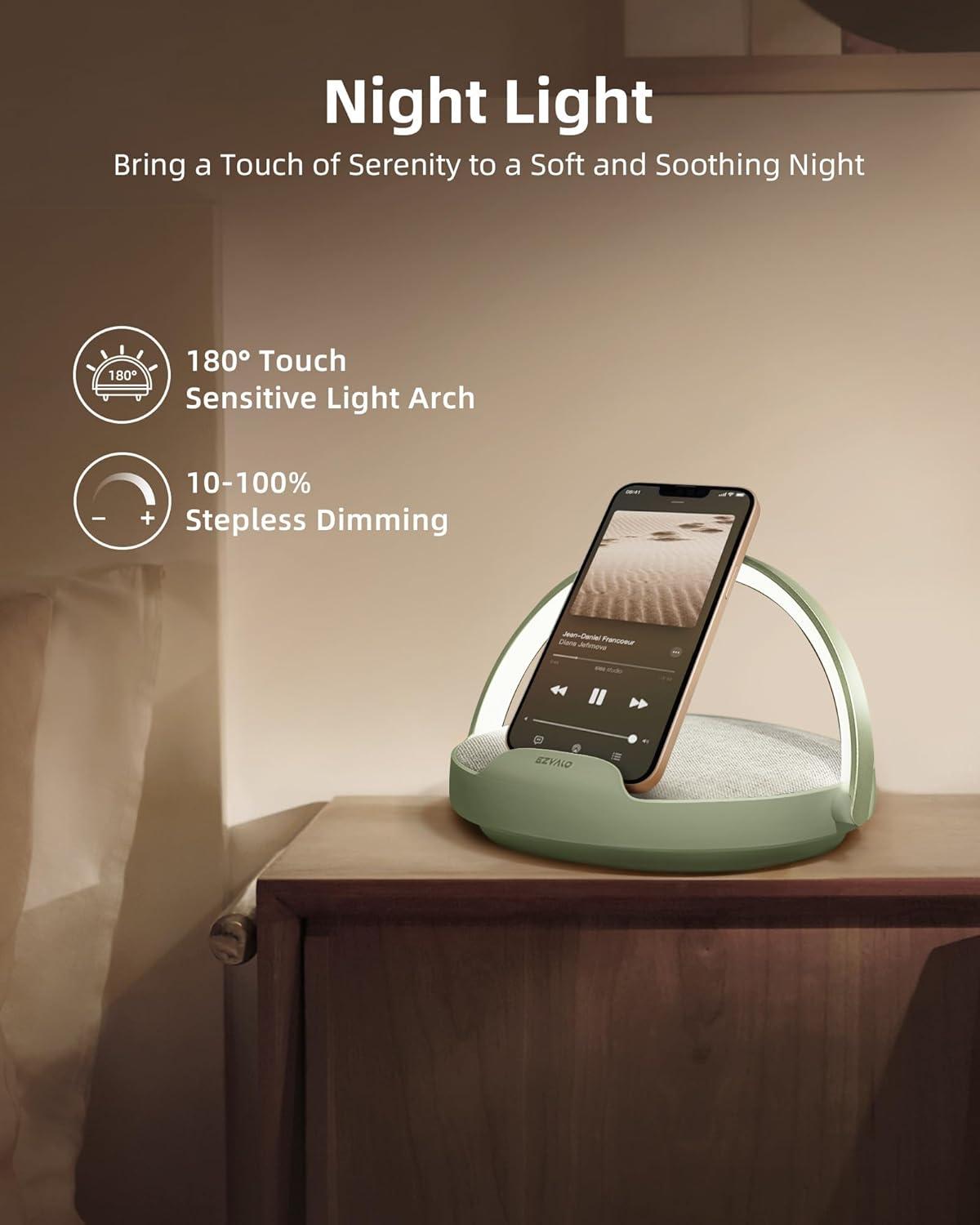 imageEZVALO Gift for Her Music Table Lamp with Wireless Charger 4 in 1 Touch Bedside Lamp Portable Bluetooth Speaker Phone Holder Dimmable LED Night Lights Birthday Gifts for Women Men Dad MomJasmine Green