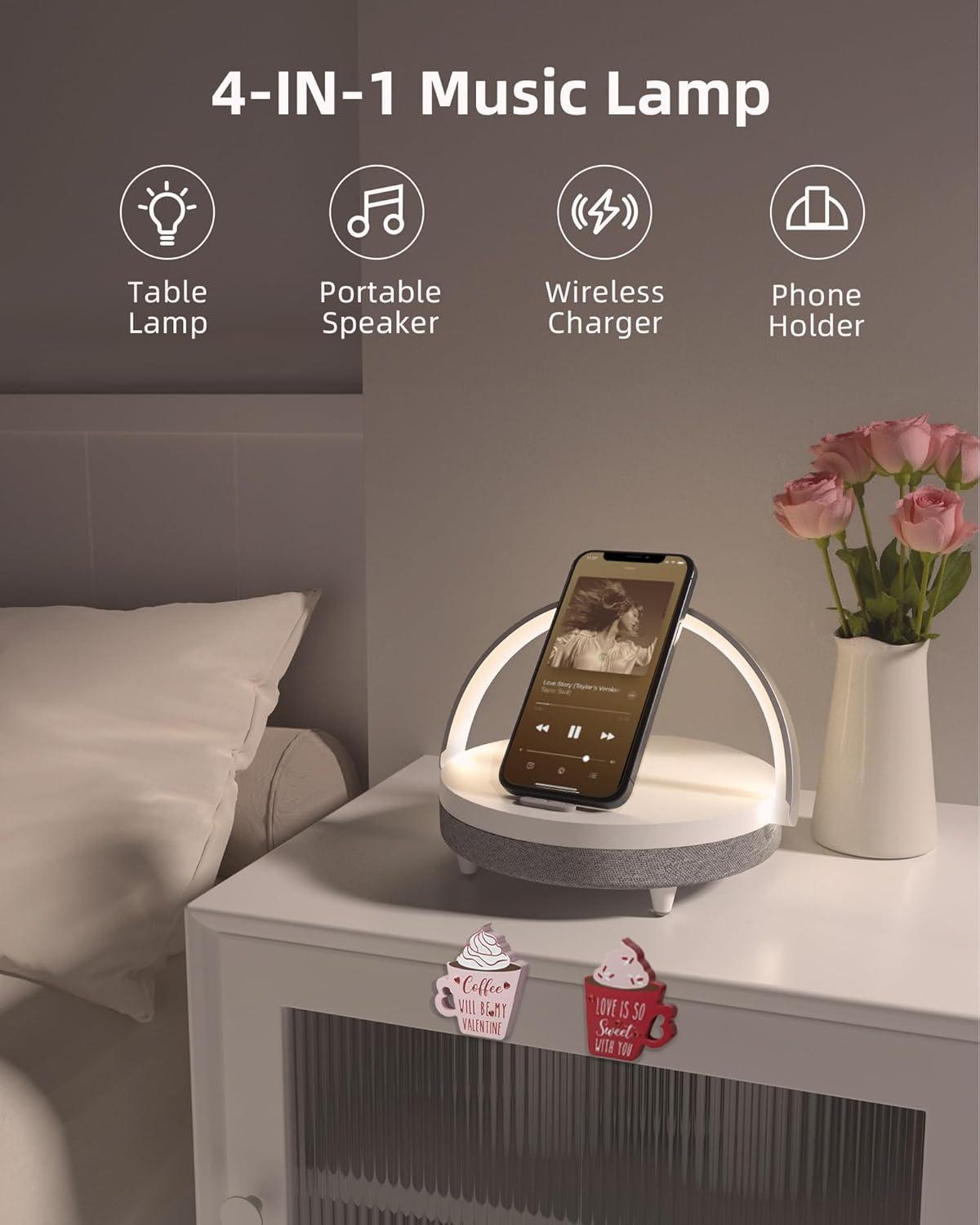 imageEZVALO Gift for Her Music Table Lamp with Wireless Charger 4 in 1 Touch Bedside Lamp Portable Bluetooth Speaker Phone Holder Dimmable LED Night Lights Birthday Gifts for Women Men Dad MomPure White