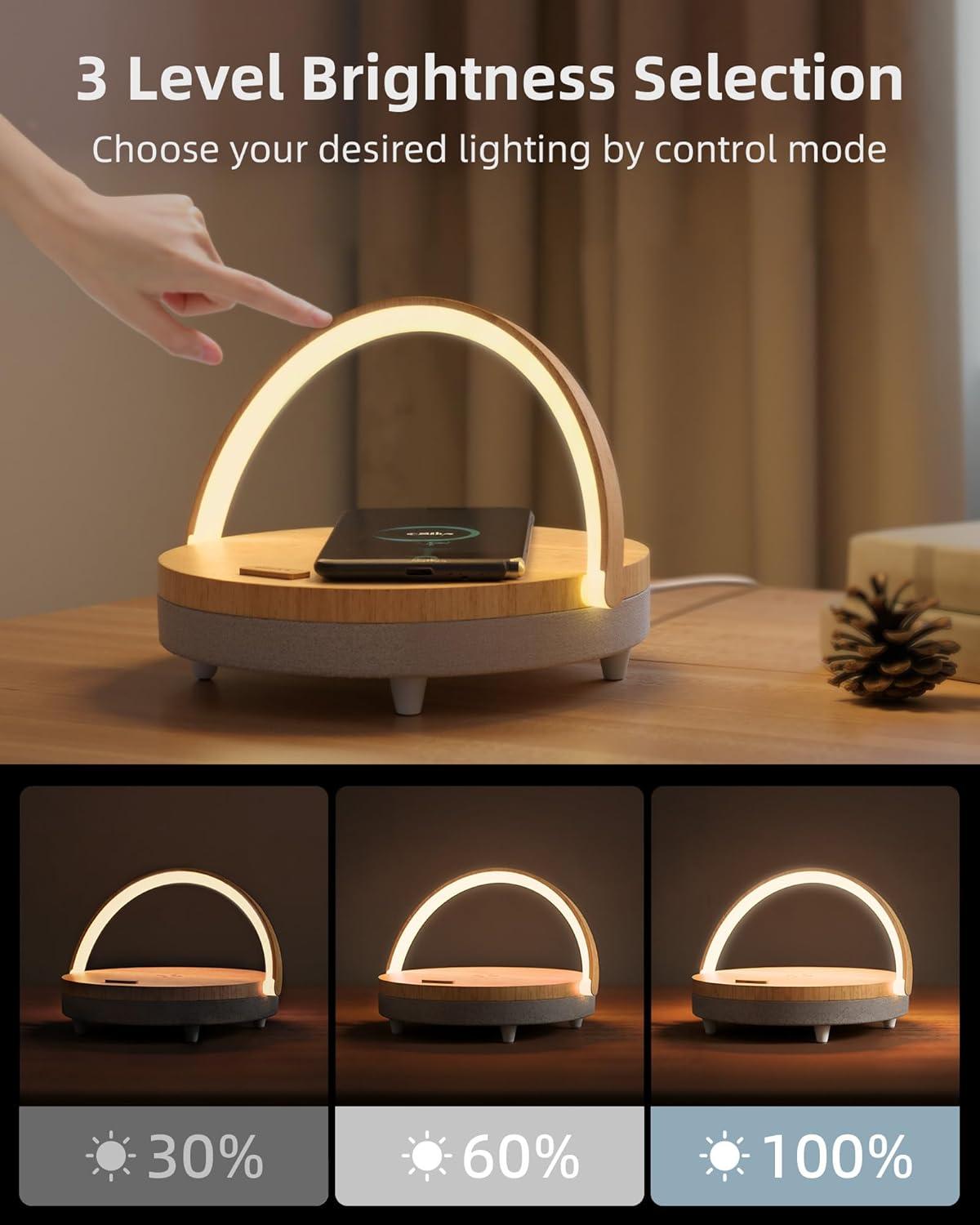 imageEZVALO Gift for Her Music Table Lamp with Wireless Charger 4 in 1 Touch Bedside Lamp Portable Bluetooth Speaker Phone Holder Dimmable LED Night Lights Birthday Gifts for Women Men Dad MomWood Grain