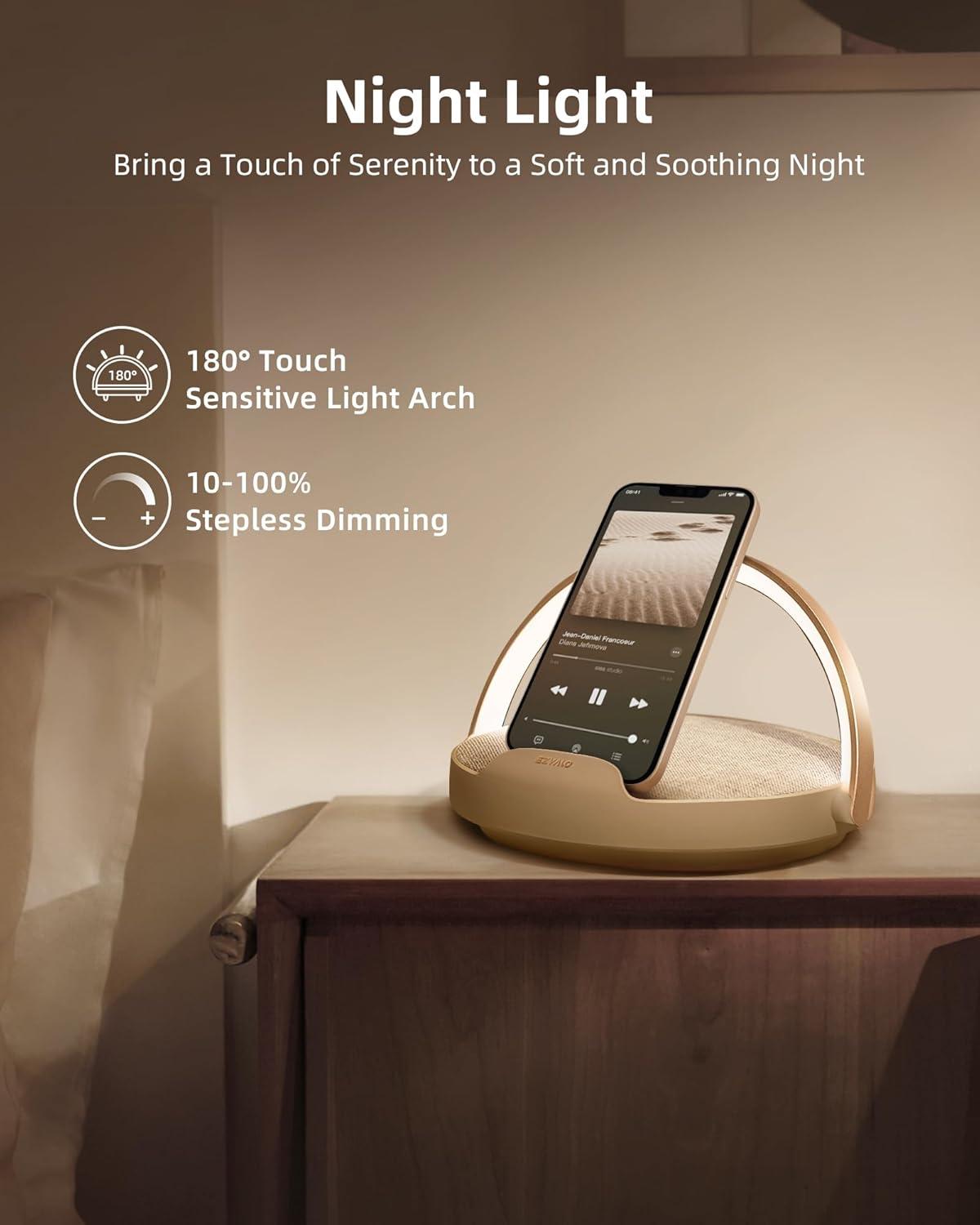 imageEZVALO Gift for Her Music Table Lamp with Wireless Charger 4 in 1 Touch Bedside Lamp Portable Bluetooth Speaker Phone Holder Dimmable LED Night Lights Birthday Gifts for Women Men Dad MomWarm Khaki