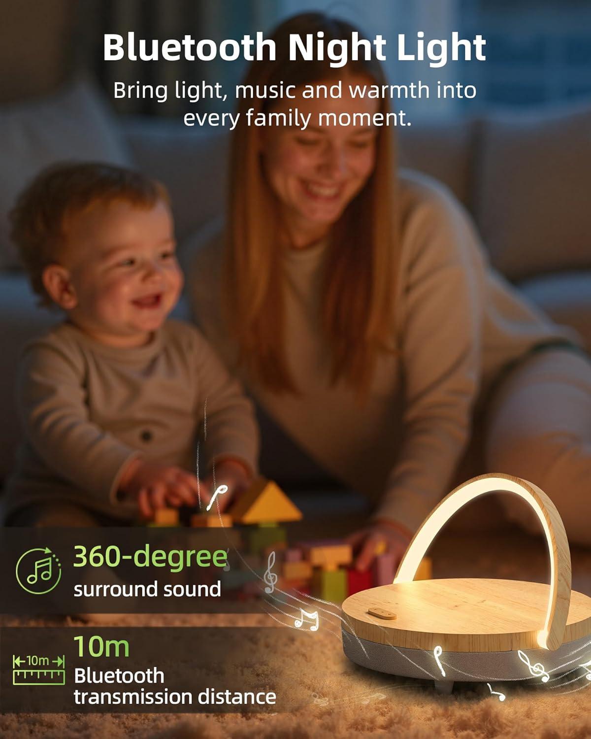imageEZVALO Gift for Her Music Table Lamp with Wireless Charger 4 in 1 Touch Bedside Lamp Portable Bluetooth Speaker Phone Holder Dimmable LED Night Lights Birthday Gifts for Women Men Dad MomWood Grain
