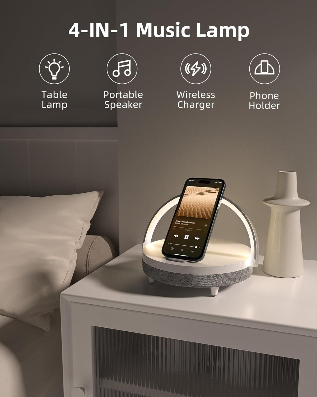 imageEZVALO Gift for Her Music Table Lamp with Wireless Charger 4 in 1 Touch Bedside Lamp Portable Bluetooth Speaker Phone Holder Dimmable LED Night Lights Birthday Gifts for Women Men Dad MomWhite