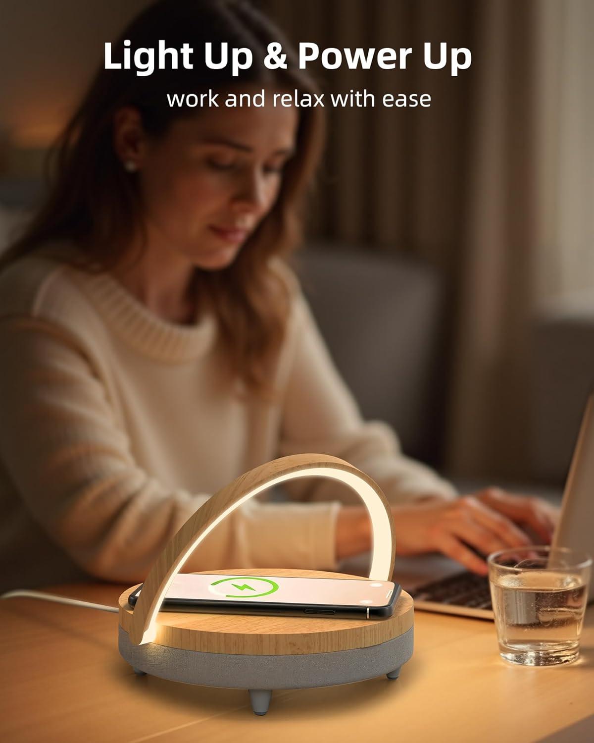 imageEZVALO Gift for Her Music Table Lamp with Wireless Charger 4 in 1 Touch Bedside Lamp Portable Bluetooth Speaker Phone Holder Dimmable LED Night Lights Birthday Gifts for Women Men Dad MomWood Grain