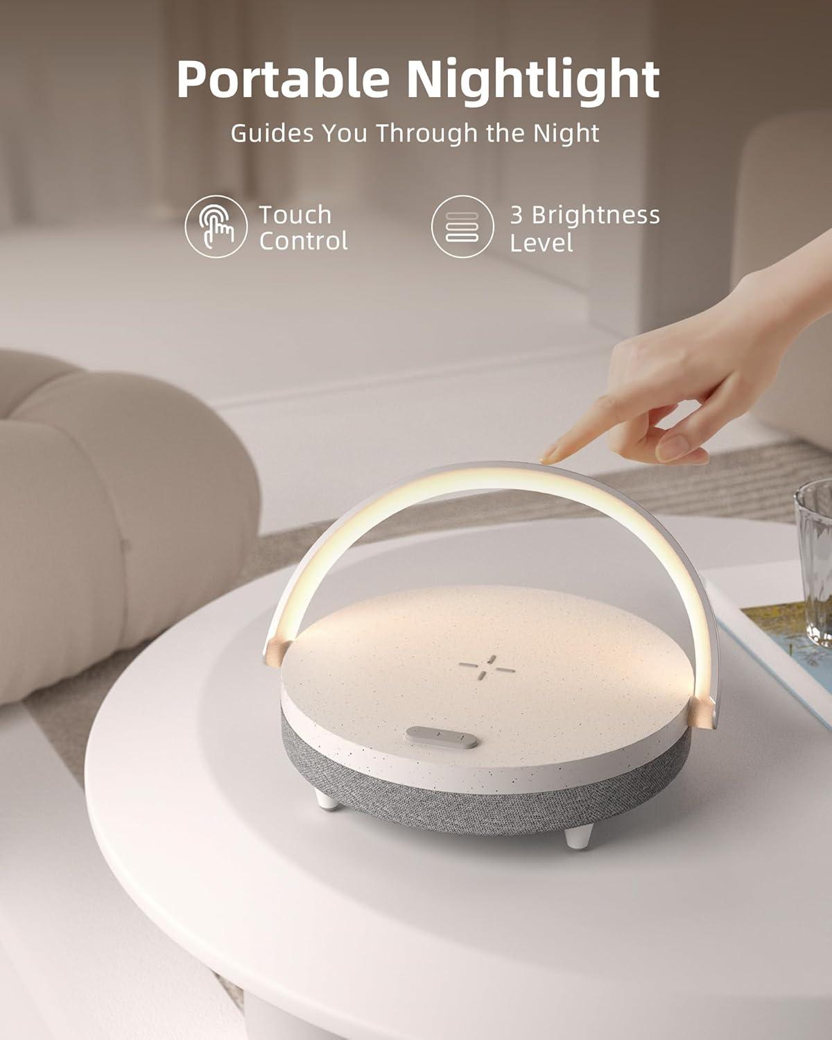 imageEZVALO Gift for Her Music Table Lamp with Wireless Charger 4 in 1 Touch Bedside Lamp Portable Bluetooth Speaker Phone Holder Dimmable LED Night Lights Birthday Gifts for Women Men Dad MomWhite
