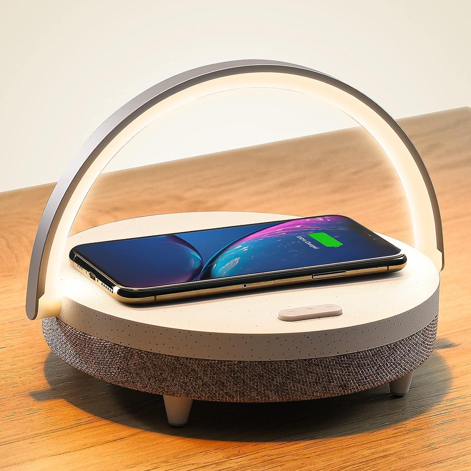 imageEZVALO Gift for Her Music Table Lamp with Wireless Charger 4 in 1 Touch Bedside Lamp Portable Bluetooth Speaker Phone Holder Dimmable LED Night Lights Birthday Gifts for Women Men Dad MomWhite