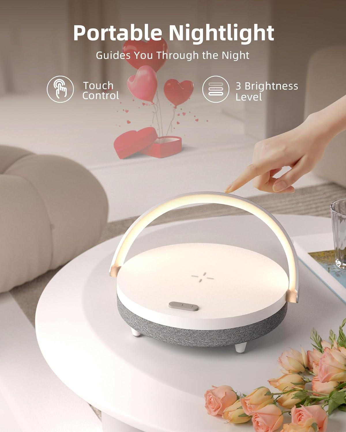 imageEZVALO Gift for Her Music Table Lamp with Wireless Charger 4 in 1 Touch Bedside Lamp Portable Bluetooth Speaker Phone Holder Dimmable LED Night Lights Birthday Gifts for Women Men Dad MomPure White