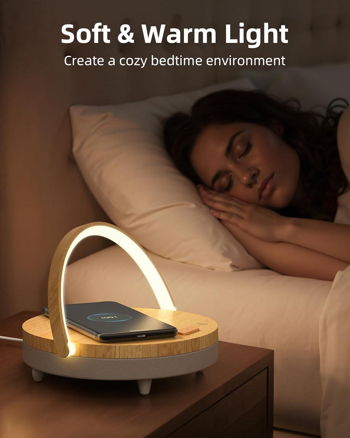 imageEZVALO Gift for Her Music Table Lamp with Wireless Charger 4 in 1 Touch Bedside Lamp Portable Bluetooth Speaker Phone Holder Dimmable LED Night Lights Birthday Gifts for Women Men Dad MomWood Grain