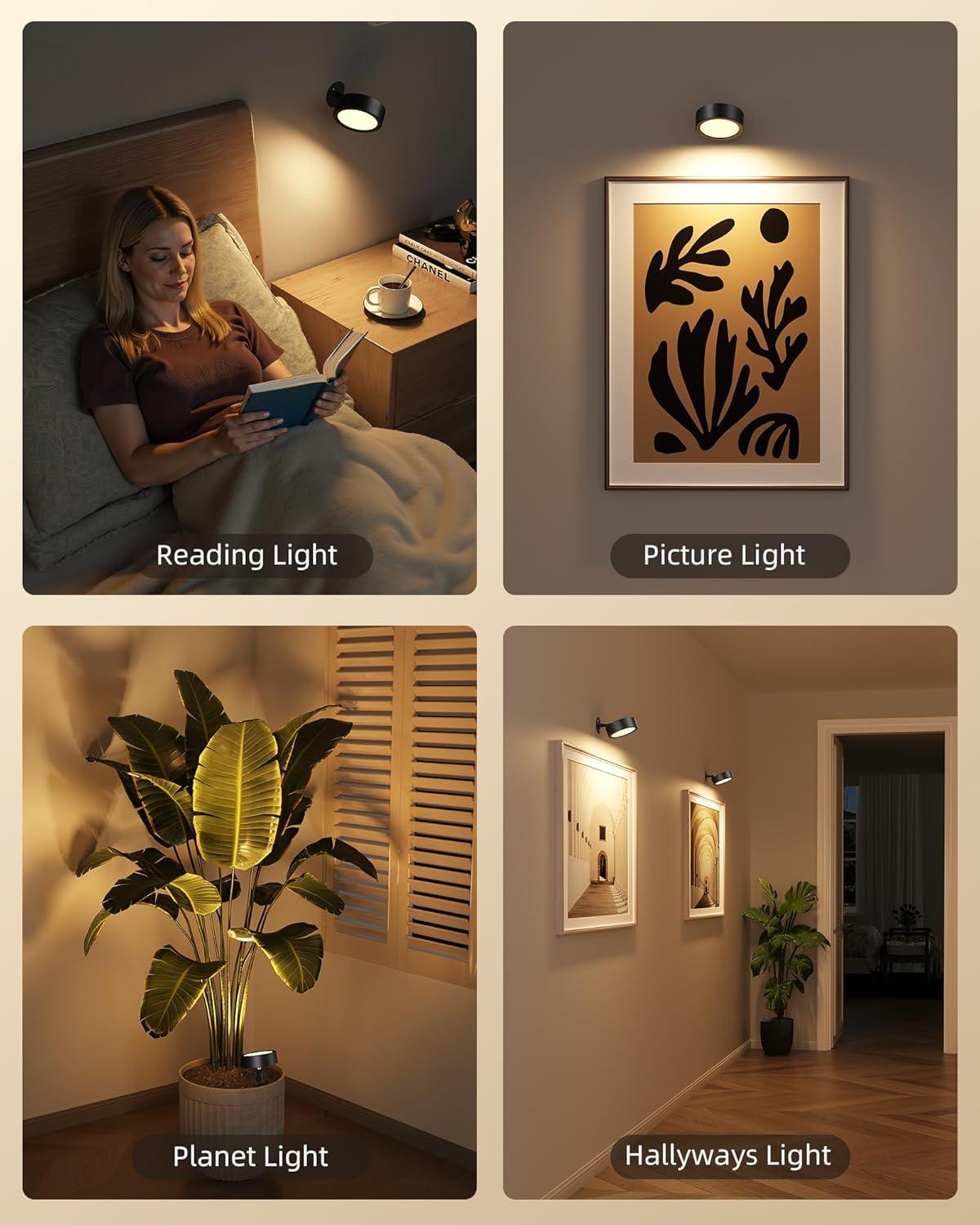 imageEZVALO LED Wall Mounted Lights 5500mAh Rechargeable Wall Sconces Lamp 3 Color Temps ampamp Remote and Touch Control 360Rotation Dimmable Cordless Wall Light for Bedroom Reading Study Bedside 2 PackBlack