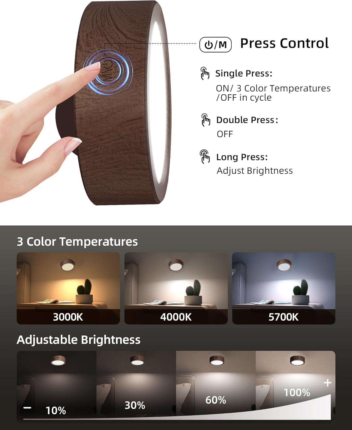 imageEZVALO LED Wall Mounted Lights 5500mAh Rechargeable Wall Sconces Lamp 3 Color Temps ampamp Remote and Touch Control 360Rotation Dimmable Cordless Wall Light for Bedroom Reading Study Bedside 2 PackBlack Walnut