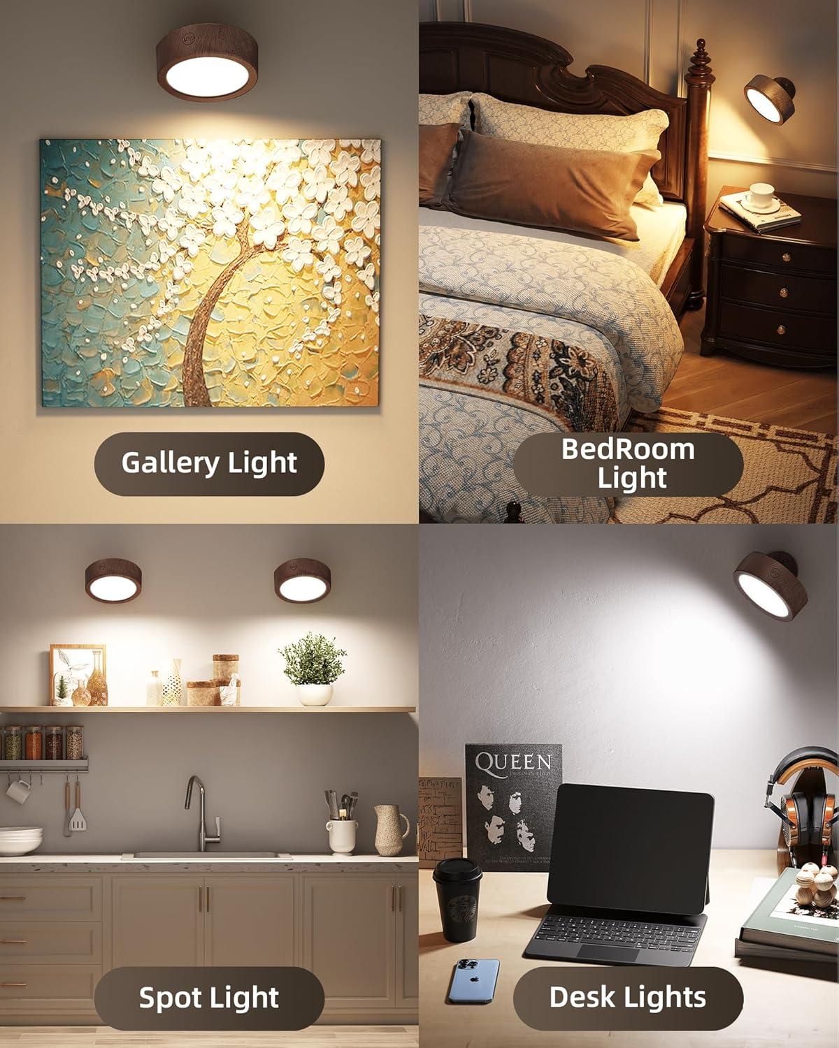 imageEZVALO LED Wall Mounted Lights 5500mAh Rechargeable Wall Sconces Lamp 3 Color Temps ampamp Remote and Touch Control 360Rotation Dimmable Cordless Wall Light for Bedroom Reading Study Bedside 2 PackBlack Walnut