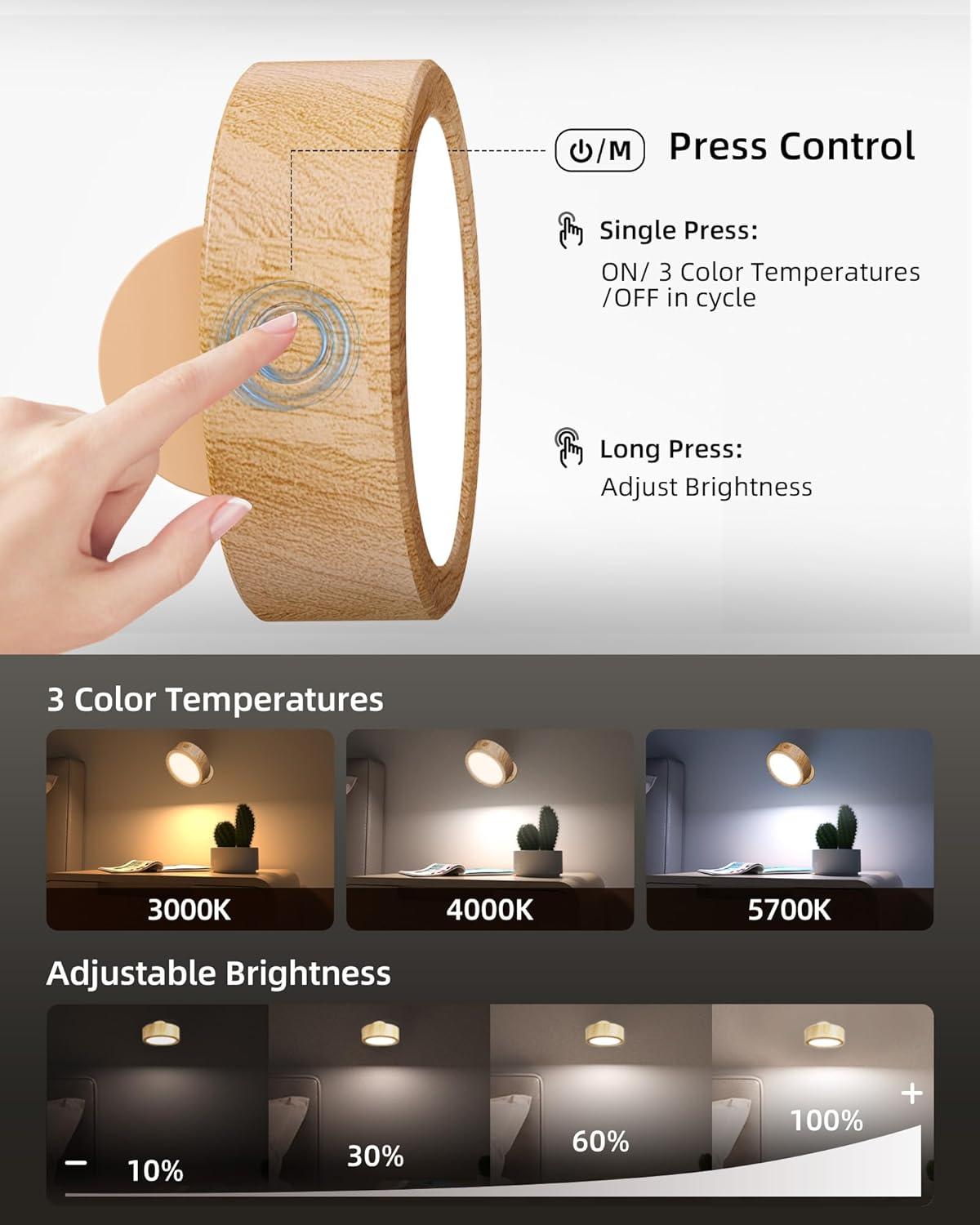 imageEZVALO LED Wall Mounted Lights 5500mAh Rechargeable Wall Sconces Lamp 3 Color Temps ampamp Remote and Touch Control 360Rotation Dimmable Cordless Wall Light for Bedroom Reading Study Bedside 2 PackWood