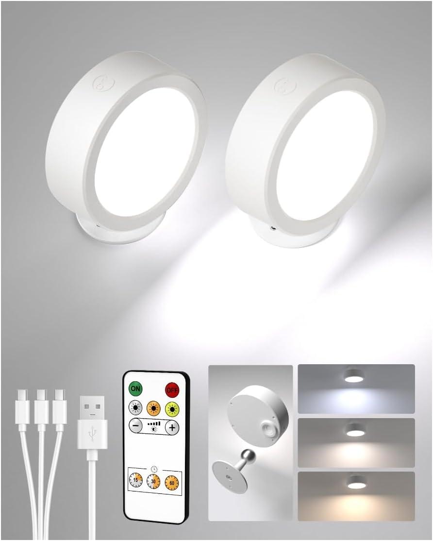 imageEZVALO LED Wall Mounted Lights 5500mAh Rechargeable Wall Sconces Lamp 3 Color Temps ampamp Remote and Touch Control 360Rotation Dimmable Cordless Wall Light for Bedroom Reading Study Bedside 2 PackWhite