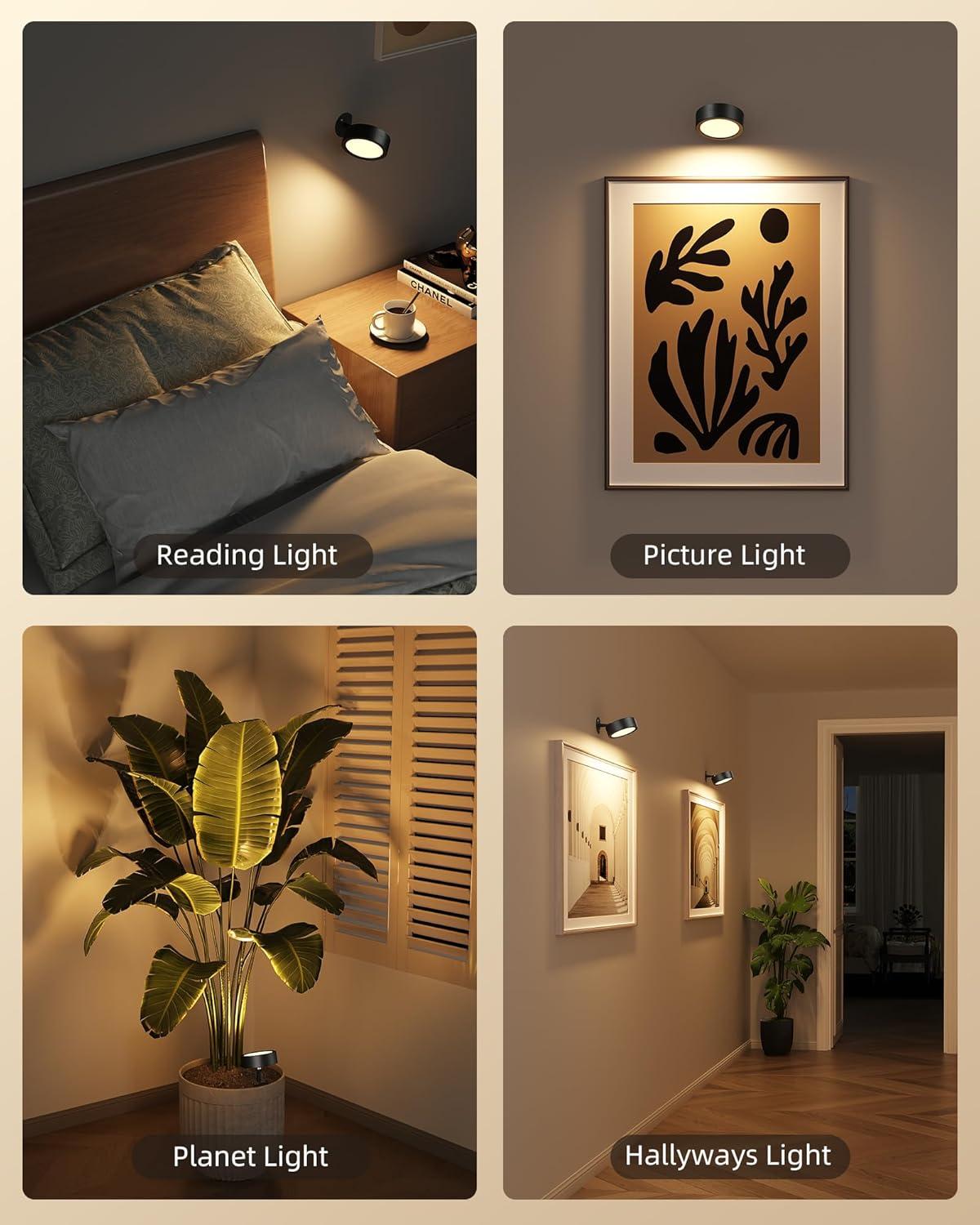 imageEZVALO LED Wall Mounted Lights 5500mAh Rechargeable Wall Sconces Lamp 3 Color Temps ampamp Remote and Touch Control 360Rotation Dimmable Cordless Wall Light for Bedroom Reading Study Bedside 2 PackBlack