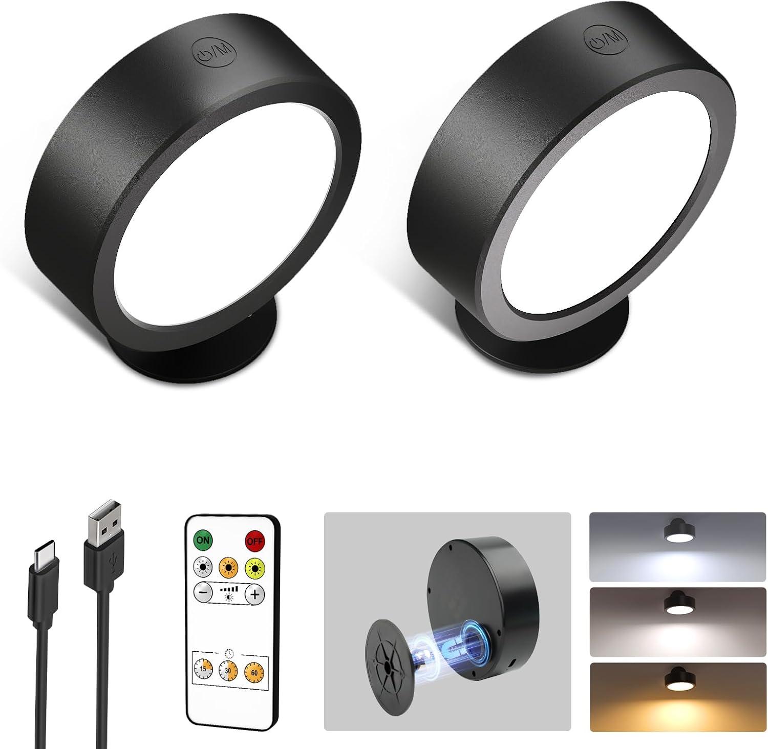 imageEZVALO LED Wall Mounted Lights 5500mAh Rechargeable Wall Sconces Lamp 3 Color Temps ampamp Remote and Touch Control 360Rotation Dimmable Cordless Wall Light for Bedroom Reading Study Bedside 2 PackBlack