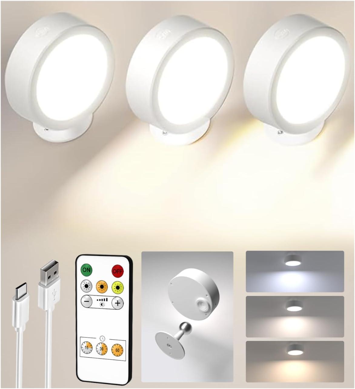 imageEZVALO LED Wall Mounted Lights 5500mAh Rechargeable Wall Sconces Lamp 3 Color Temps ampamp Remote and Touch Control 360Rotation Dimmable Cordless Wall Light for Bedroom Reading Study Bedside 2 PackWhite