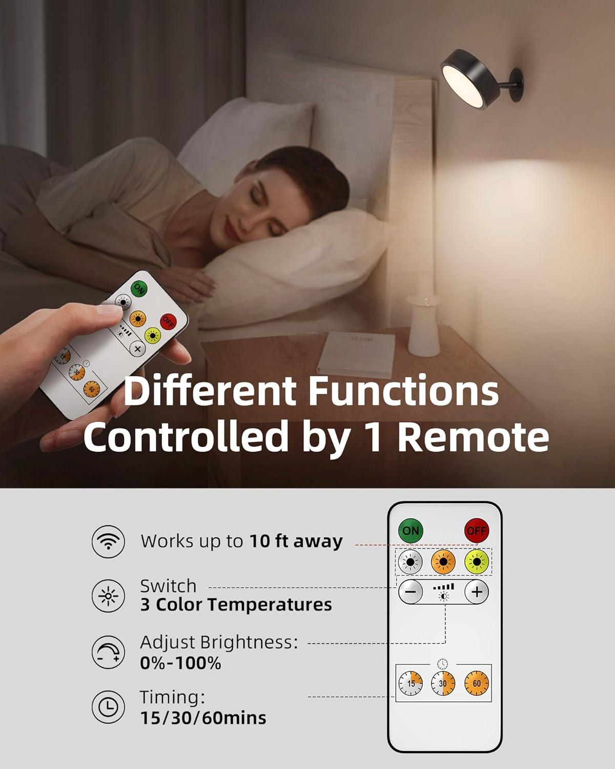 imageEZVALO LED Wall Mounted Lights 5500mAh Rechargeable Wall Sconces Lamp 3 Color Temps ampamp Remote and Touch Control 360Rotation Dimmable Cordless Wall Light for Bedroom Reading Study Bedside 2 PackWood