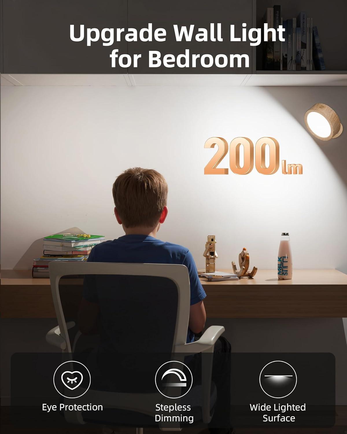 imageEZVALO LED Wall Mounted Lights 5500mAh Rechargeable Wall Sconces Lamp 3 Color Temps ampamp Remote and Touch Control 360Rotation Dimmable Cordless Wall Light for Bedroom Reading Study Bedside 2 PackWood