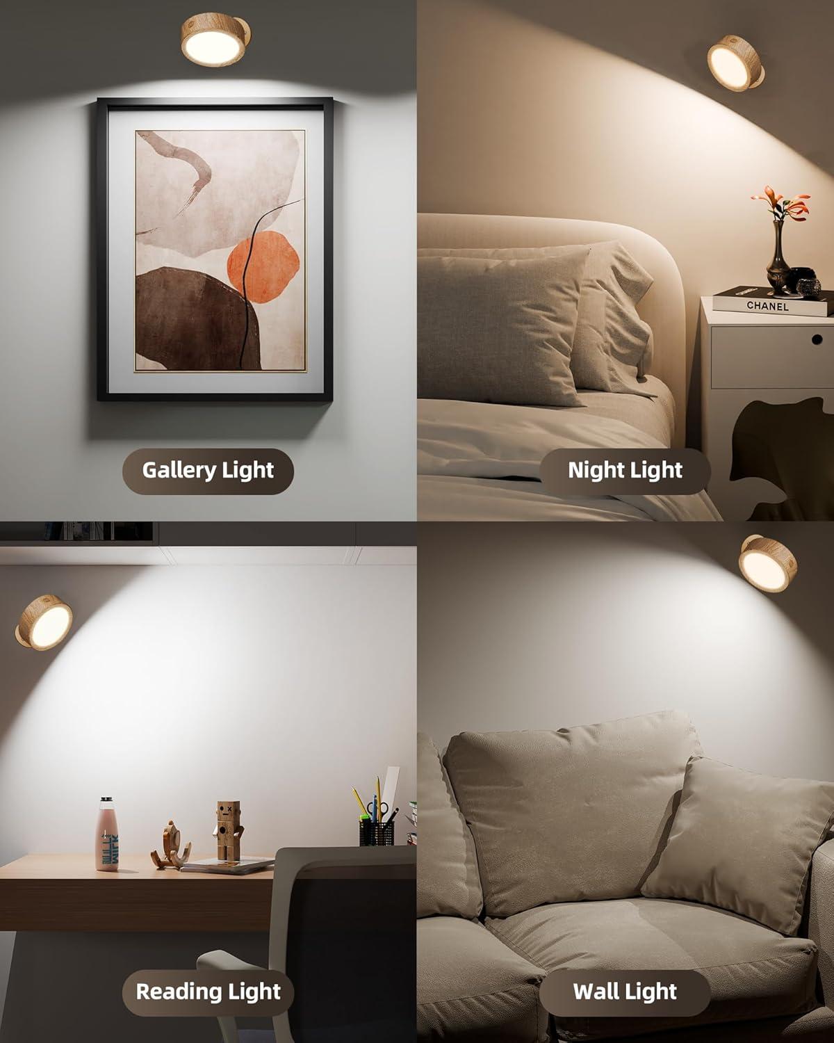 imageEZVALO LED Wall Mounted Lights 5500mAh Rechargeable Wall Sconces Lamp 3 Color Temps ampamp Remote and Touch Control 360Rotation Dimmable Cordless Wall Light for Bedroom Reading Study Bedside 2 PackWood