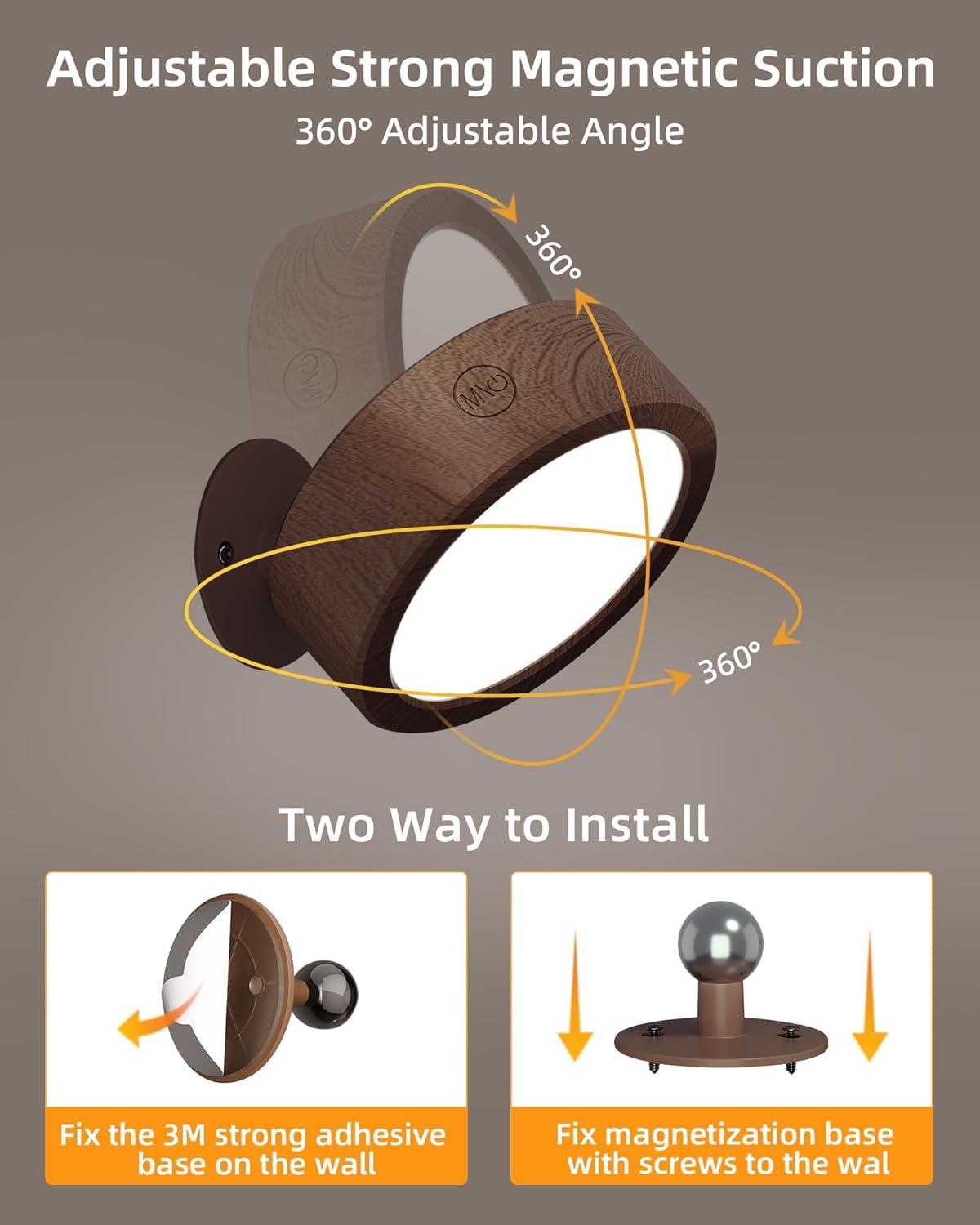 imageEZVALO LED Wall Mounted Lights 5500mAh Rechargeable Wall Sconces Lamp 3 Color Temps ampamp Remote and Touch Control 360Rotation Dimmable Cordless Wall Light for Bedroom Reading Study Bedside 2 PackBlack Walnut