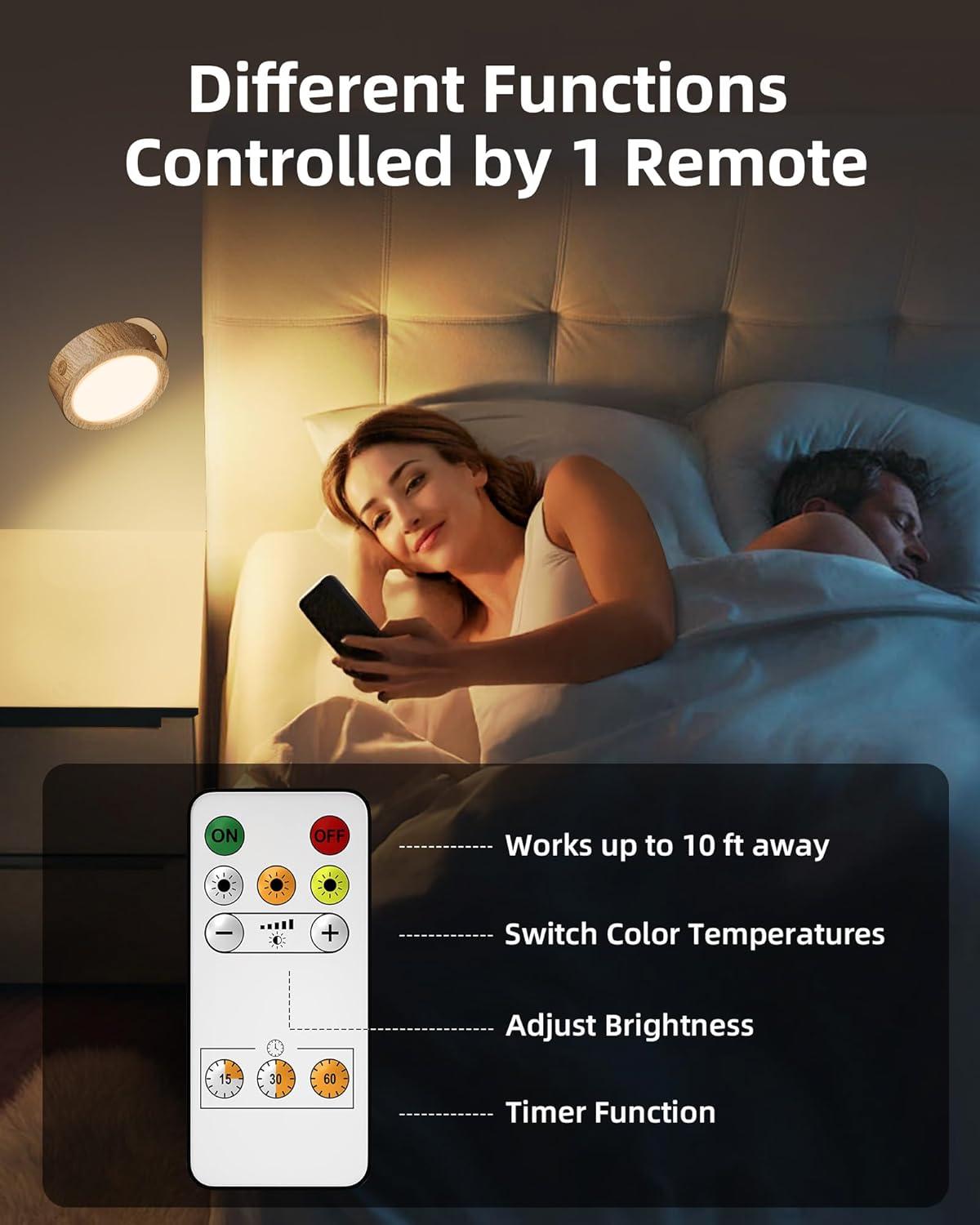 imageEZVALO LED Wall Mounted Lights 5500mAh Rechargeable Wall Sconces Lamp 3 Color Temps ampamp Remote and Touch Control 360Rotation Dimmable Cordless Wall Light for Bedroom Reading Study Bedside 2 PackWood