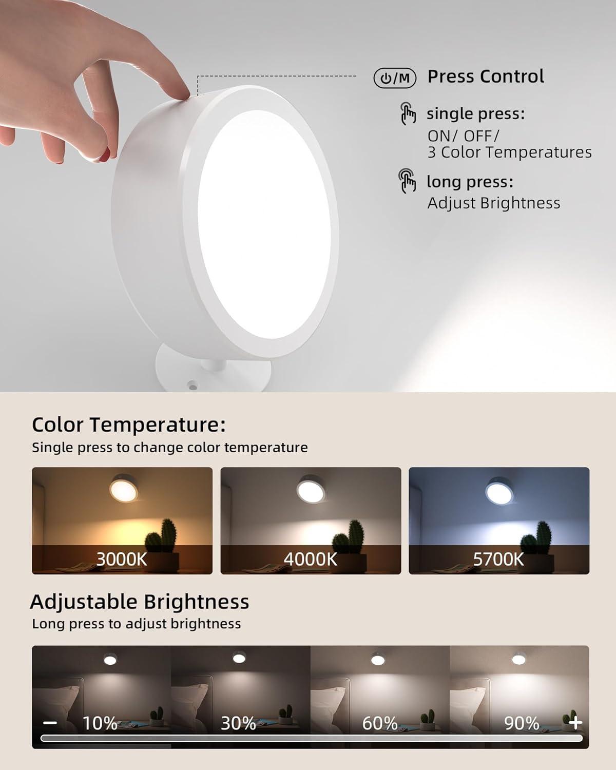 imageEZVALO LED Wall Mounted Lights 5500mAh Rechargeable Wall Sconces Lamp 3 Color Temps ampamp Remote and Touch Control 360Rotation Dimmable Cordless Wall Light for Bedroom Reading Study Bedside 2 PackWhite