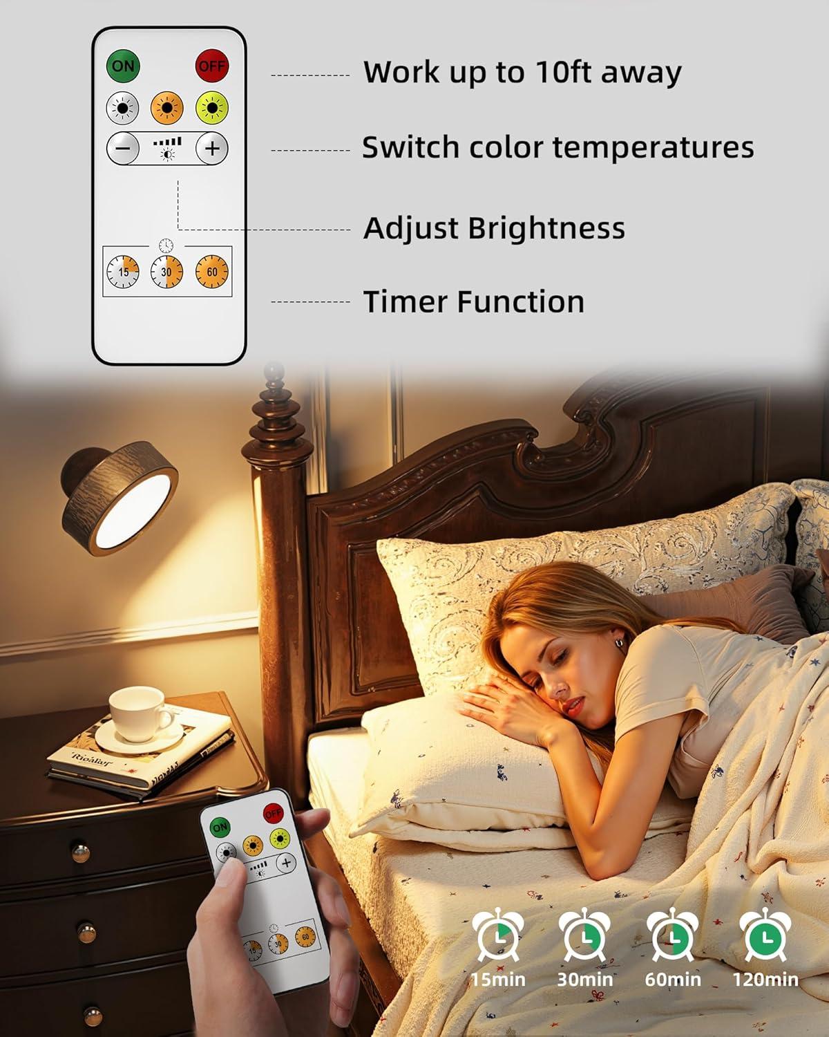 imageEZVALO LED Wall Mounted Lights 5500mAh Rechargeable Wall Sconces Lamp 3 Color Temps ampamp Remote and Touch Control 360Rotation Dimmable Cordless Wall Light for Bedroom Reading Study Bedside 2 PackBlack Walnut