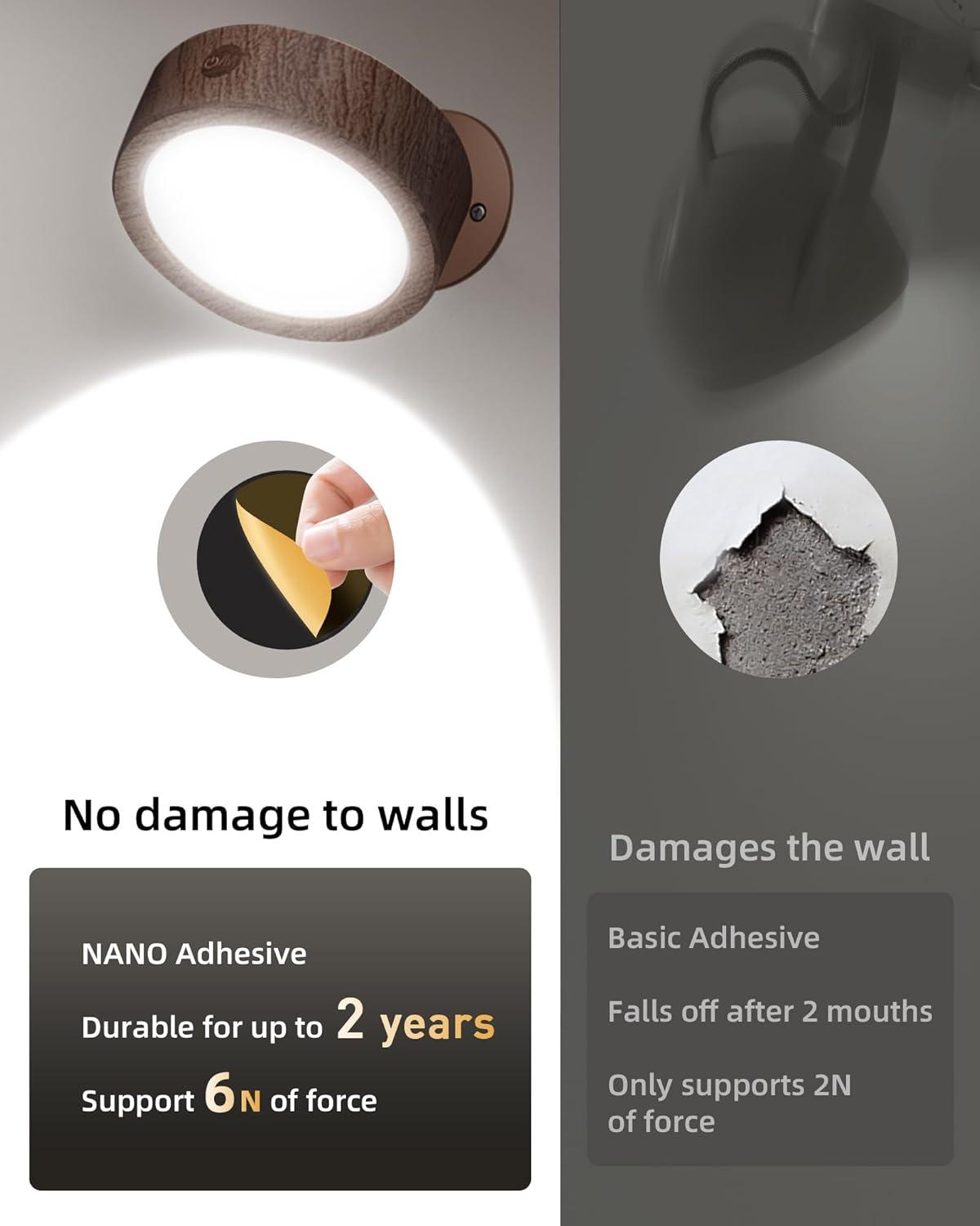 imageEZVALO LED Wall Mounted Lights 5500mAh Rechargeable Wall Sconces Lamp 3 Color Temps ampamp Remote and Touch Control 360Rotation Dimmable Cordless Wall Light for Bedroom Reading Study Bedside 2 PackBlack Walnut