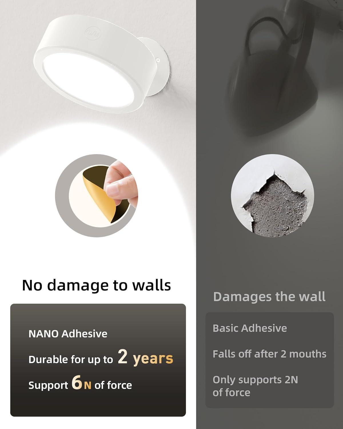 imageEZVALO LED Wall Mounted Lights 5500mAh Rechargeable Wall Sconces Lamp 3 Color Temps ampamp Remote and Touch Control 360Rotation Dimmable Cordless Wall Light for Bedroom Reading Study Bedside 2 PackWhite