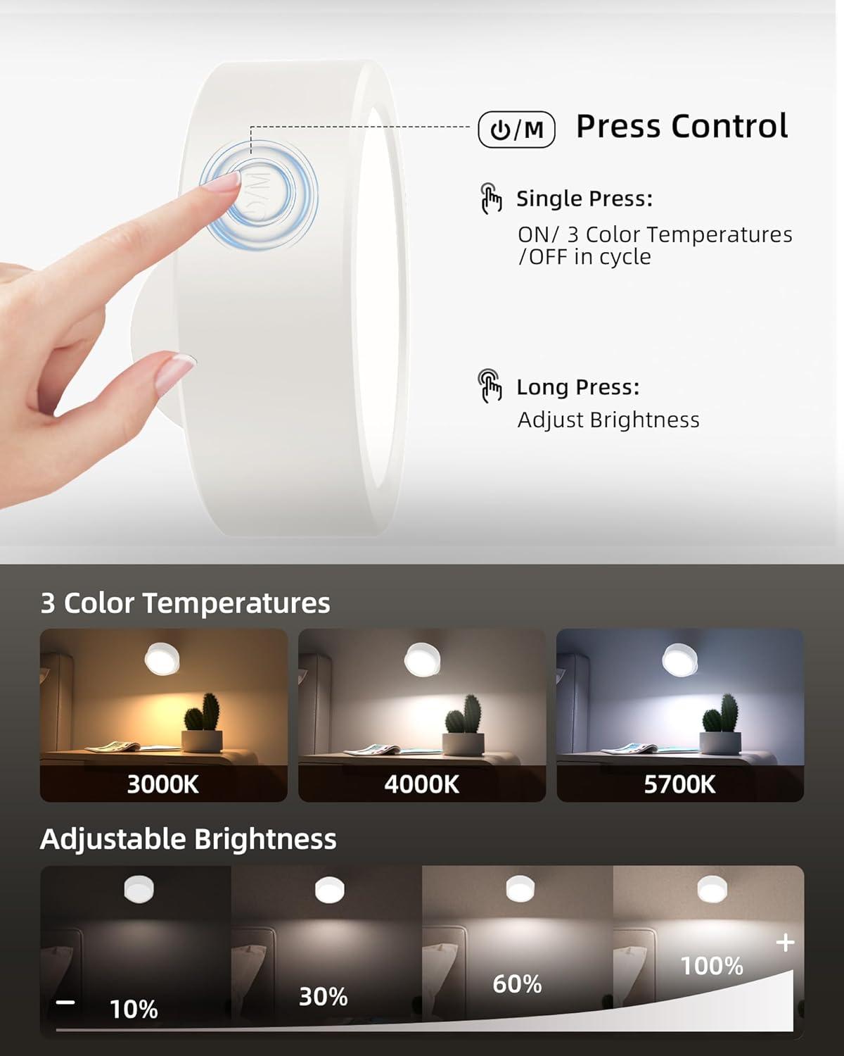 imageEZVALO LED Wall Mounted Lights 5500mAh Rechargeable Wall Sconces Lamp 3 Color Temps ampamp Remote and Touch Control 360Rotation Dimmable Cordless Wall Light for Bedroom Reading Study Bedside 2 PackWhite