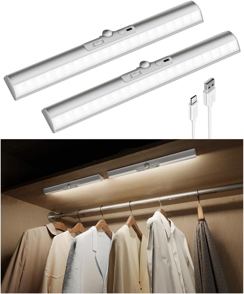 imageEZVALO Motion Sensor Closet Lights 2 Pack Rechargeable LED Lights with Rotatable Sensor GlareFree 3 Color Temps ampamp Dimmable Magnetic Under Cabinet Lighting for Closet Pantry2Pack