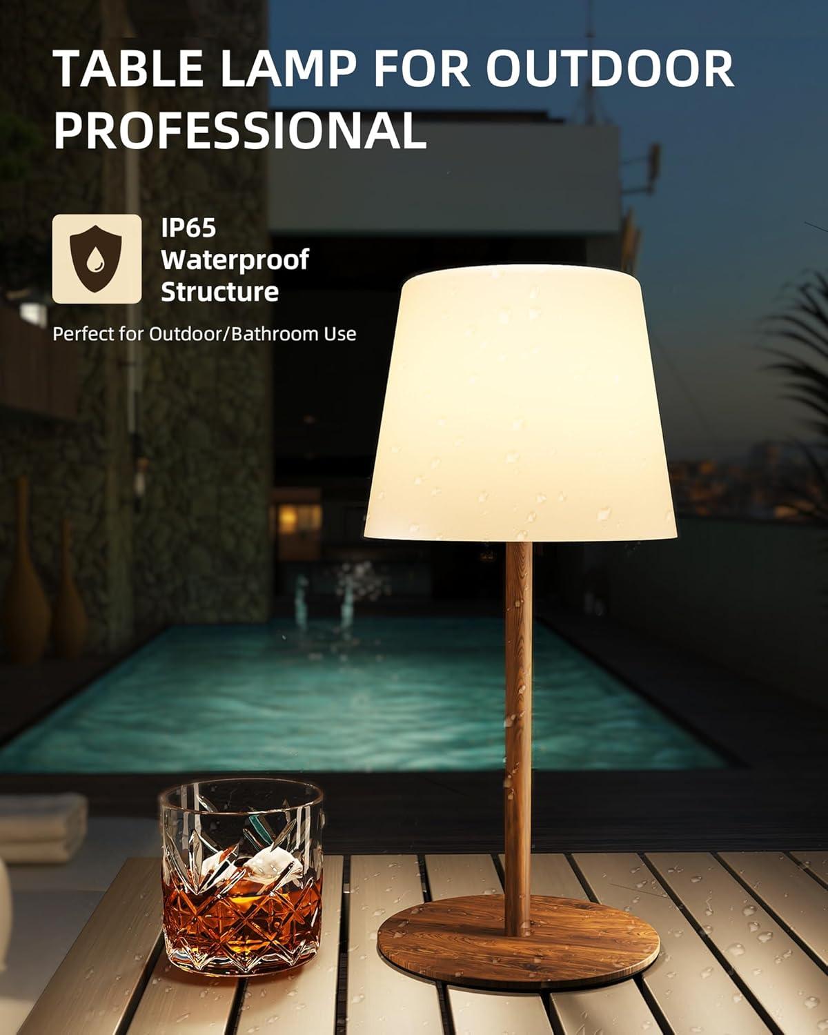 imageEZVALO Outdoor Cordless Table Lamp IP65 Waterproof 4500mAh Rechargeble Shower Lamp Dimmable Touch Lamp LED Night Light Lamp for Bathroom Patio Camping Restaurant Home1 PcsWood Grain