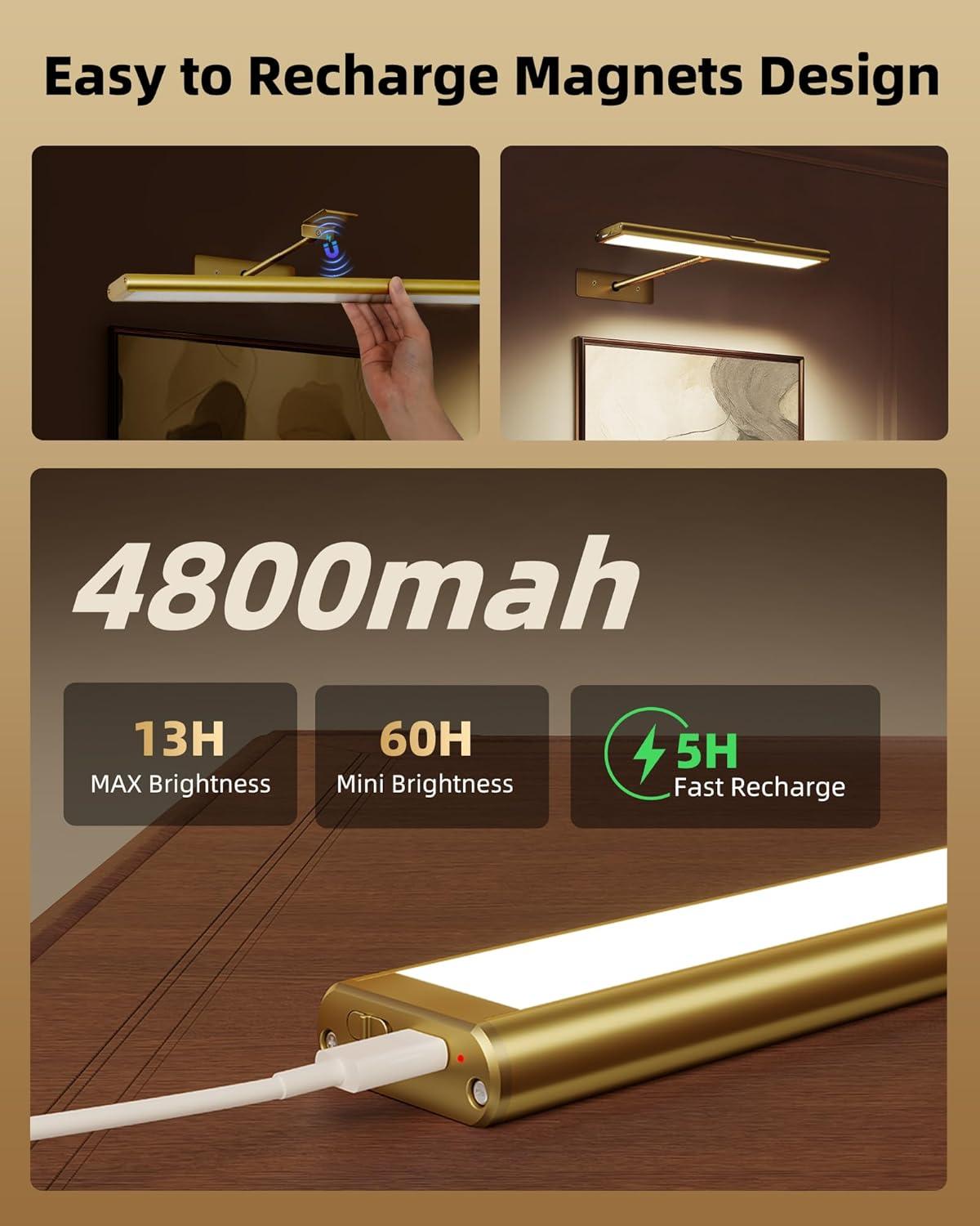 imageEZVALO Picture Light for Wall 4800mAh Rechargeable Wireless Remote 16in Dimmable Magnetic LED Art Display Light with 3 Color Temperatures for Gallery Living Room Bedroom Hallway GoldBright Gold