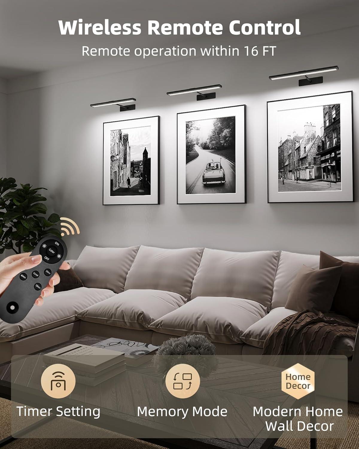 imageEZVALO Picture Light for Wall 4800mAh Rechargeable Wireless Remote 16in Dimmable Magnetic LED Art Display Light with 3 Color Temperatures for Gallery Living Room Bedroom Hallway GoldBlack
