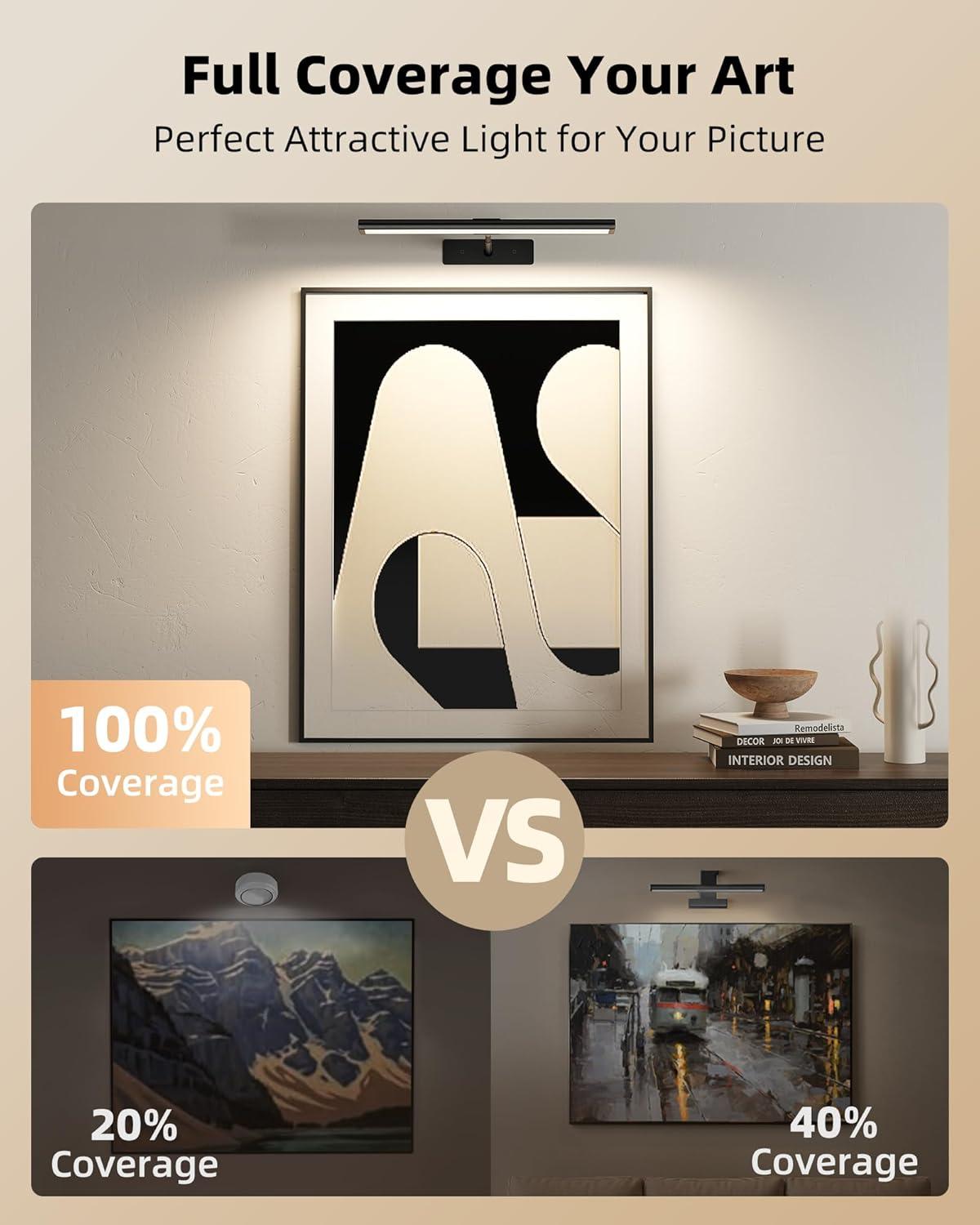 imageEZVALO Picture Light for Wall 4800mAh Rechargeable Wireless Remote 16in Dimmable Magnetic LED Art Display Light with 3 Color Temperatures for Gallery Living Room Bedroom Hallway GoldBlack