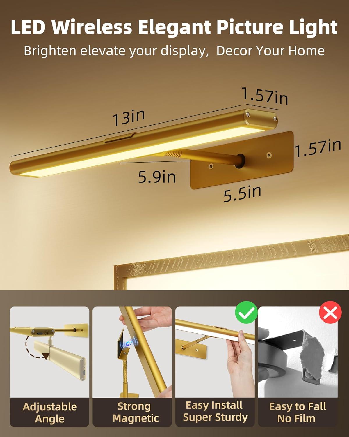 imageEZVALO Picture Light for Wall 4800mAh Rechargeable Wireless Remote 16in Dimmable Magnetic LED Art Display Light with 3 Color Temperatures for Gallery Living Room Bedroom Hallway GoldBright Gold