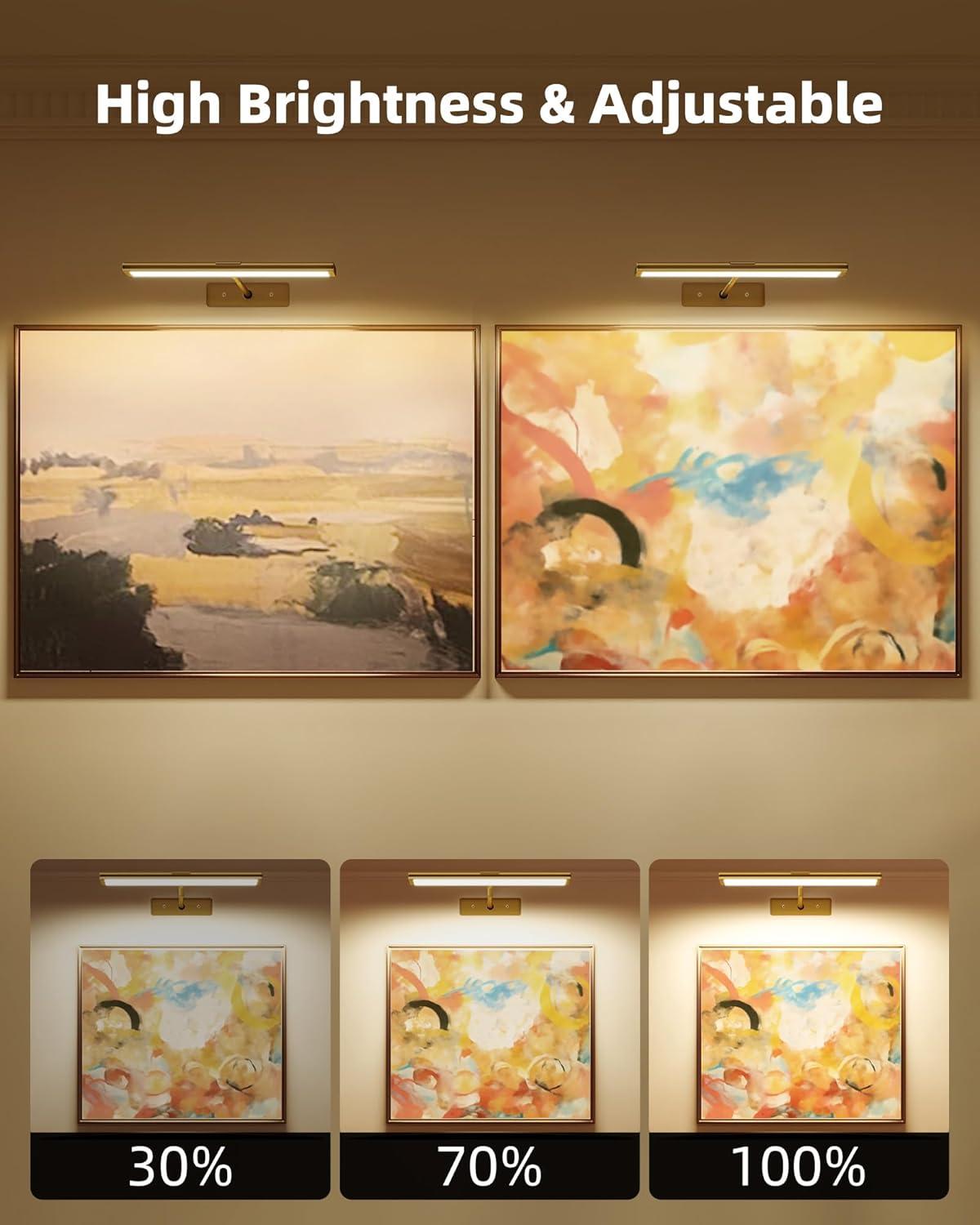 imageEZVALO Picture Light for Wall 4800mAh Rechargeable Wireless Remote 16in Dimmable Magnetic LED Art Display Light with 3 Color Temperatures for Gallery Living Room Bedroom Hallway GoldGold